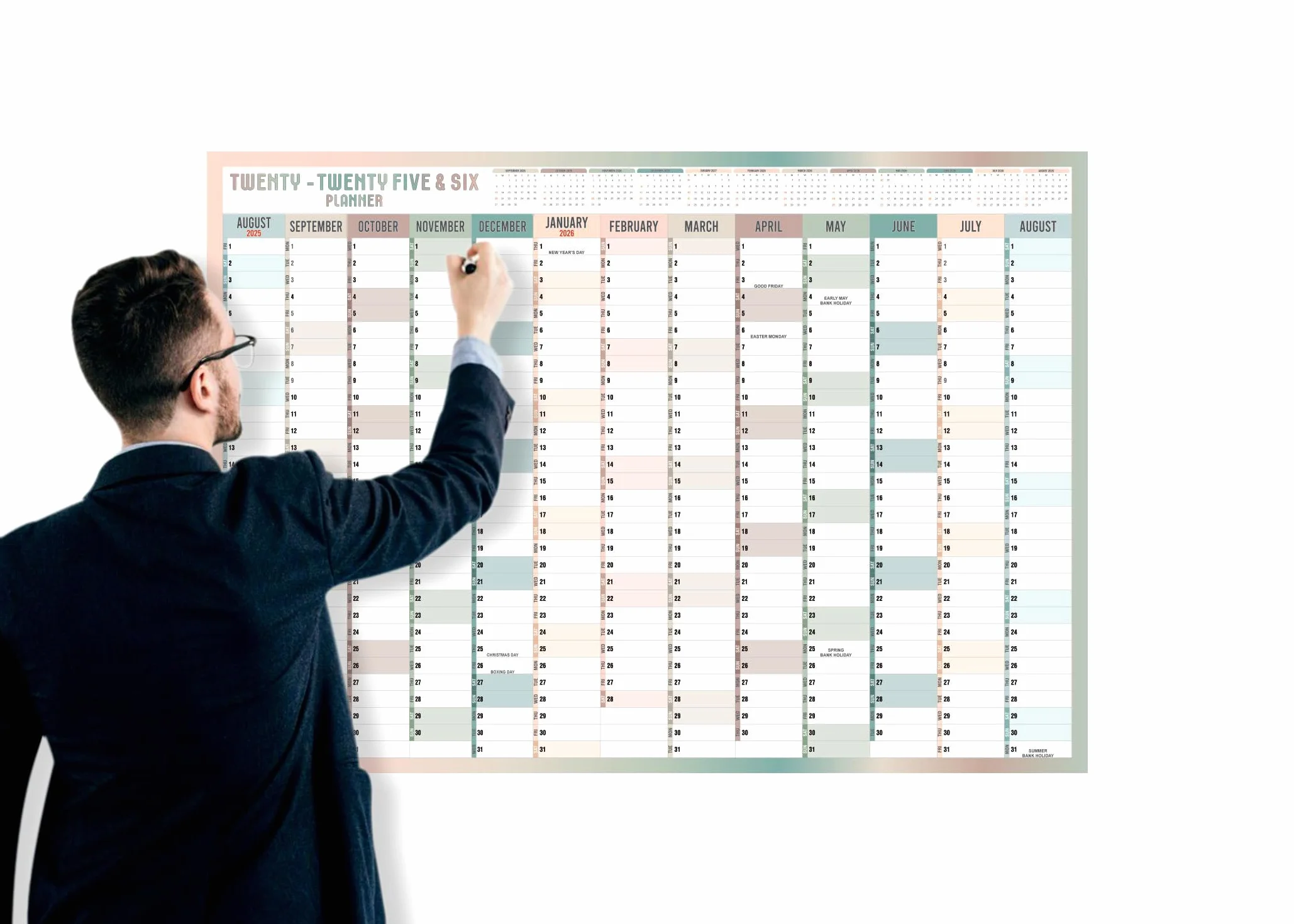 Planificador de pared 2025-2026, calendario semestral anual grande, organizador académico agosto a agosto