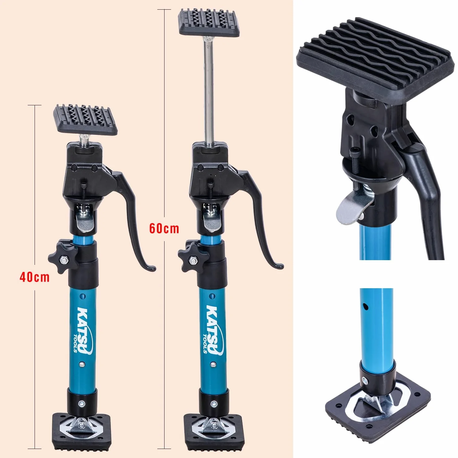 KATSU Tools - Juego de 2 barras telescópicas de soporte rápido de acero de 40-60 cm, capacidad de carga de 40 kg, para puntal de marco de puerta de gabinete de yeso