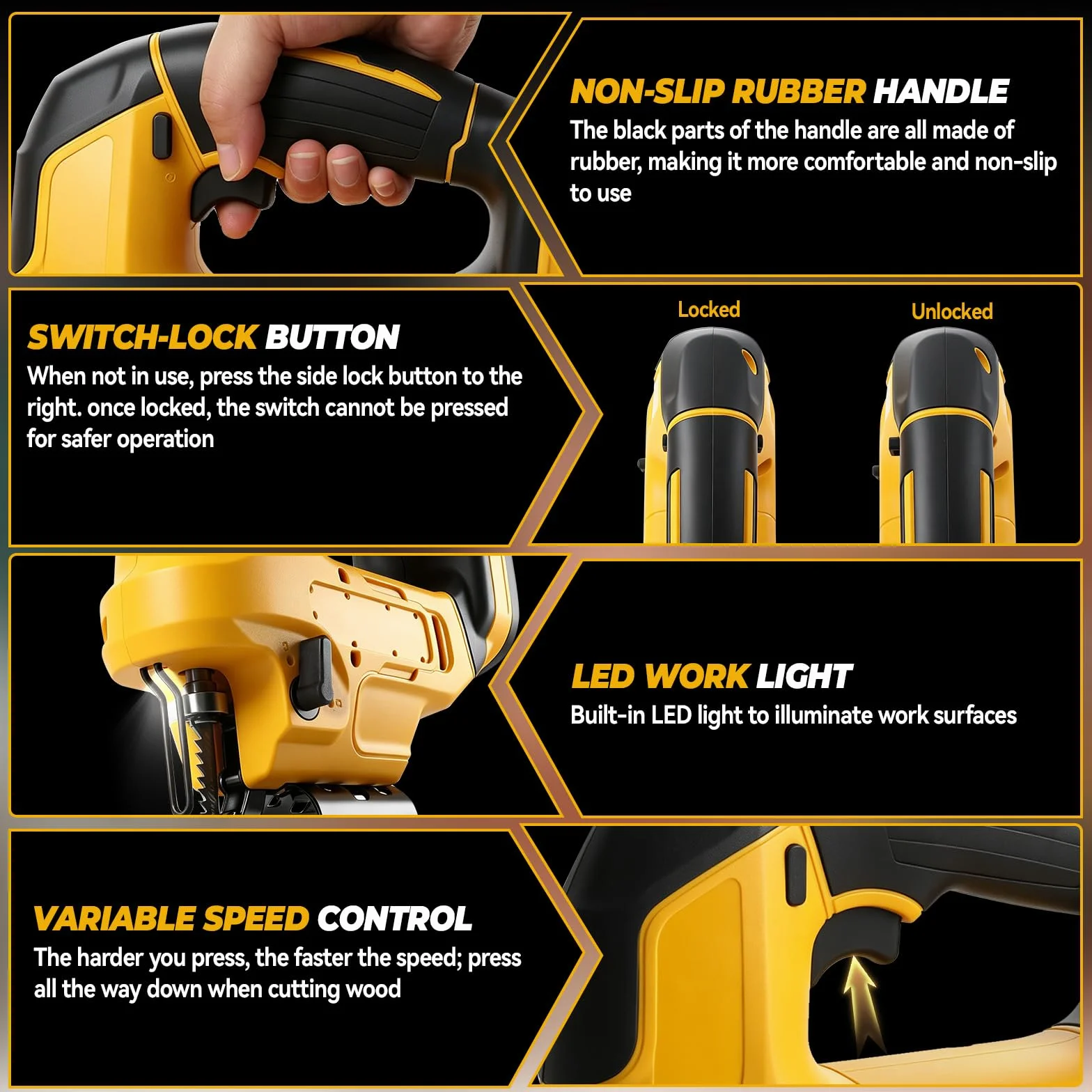 Sierra de calar inalámbrica compatible con baterías DEWALT de 18 V/20 V, 20.000 rpm, motor sin escobillas, 4 posiciones de carrera, regulación de velocidad continua, carrera de 23 mm, 0-2750 carreras