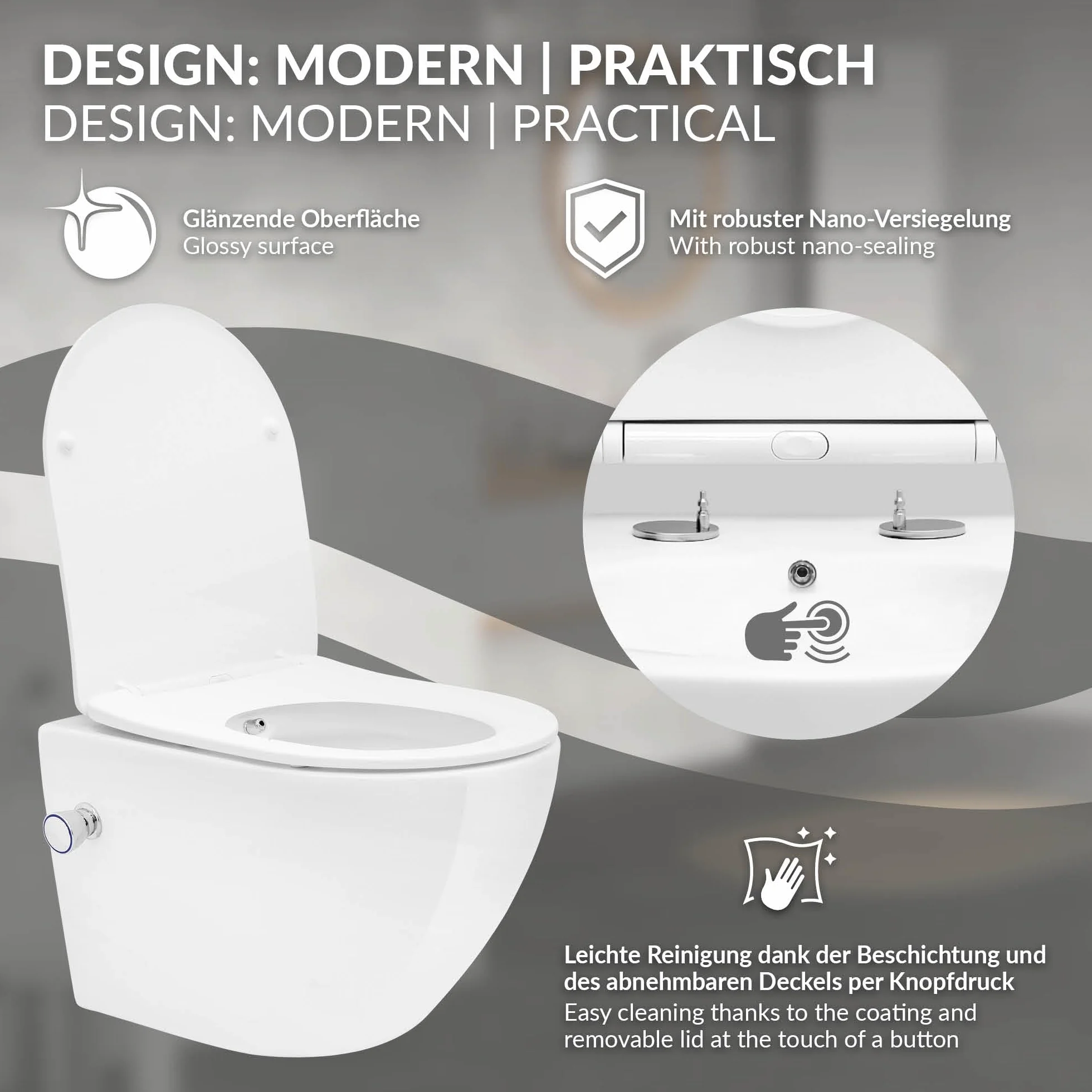 LuxeBath WC Cerámico Suspendido Corto 49cm con Función de Bidé con Nanorecubrimiento, Inodoro Colgante Blanco Mate sin Cisterna, Asiento de WC Extraíble con Softclose en Duroplast Bajada Automática