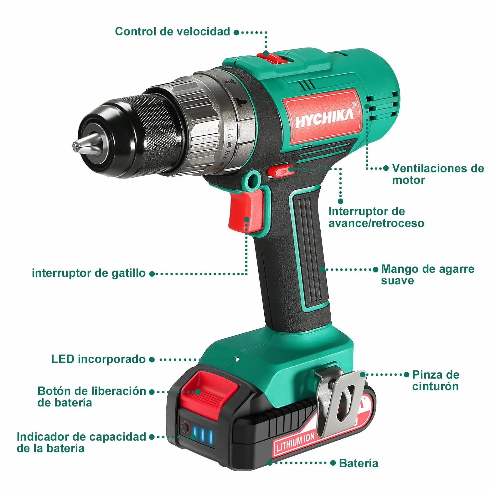 HYCHIKA Taladro Percutor Atornillador 18V 45Nm, Taladro Percutor con 2.0 Ah Batería, 27 Accesorios, 21+3 Ajustes de Par, 2 velocidades ajustables,Cargador Rápido, Para Reparaciones en El Hogar | Batería 2.0 Ah & set de 27 accesorios. Taladro de 2 velocida