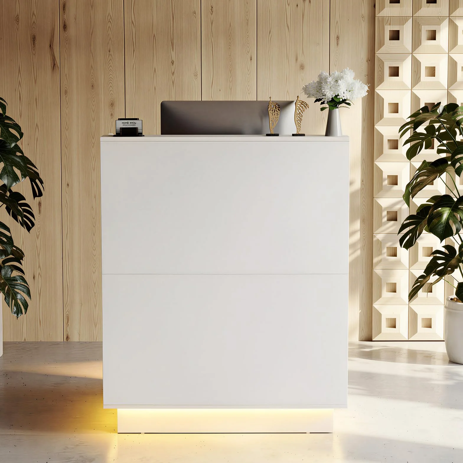 MSFE Mueble Recepción con LED, Mostrador Pequeño 103x80x45cm con Estantes Ajustables y Cajón con Cerradura