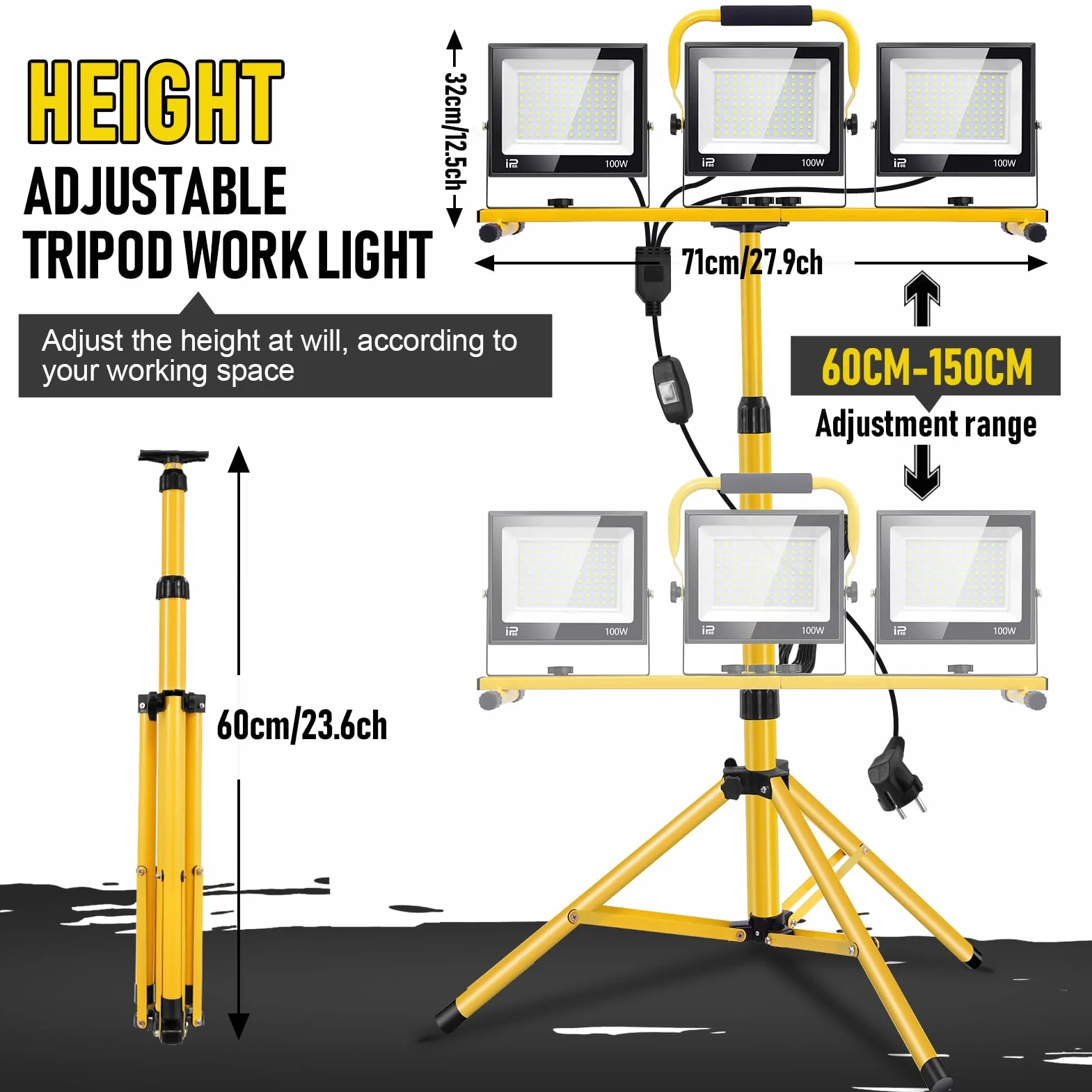 Foco de Trabajo LED 300W con Trípode Telescópico, 30000LM 6500K Foco de Trabajo LED con Enchufe Cable de 3m, Rotación de 360°, IP66 Impermeable Luz de Trabajo para Taller, Obras, Garaje