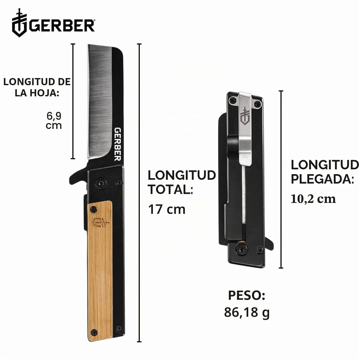 Gerber Navaja de bolsillo, Longitud de la hoja: 6,86 cm, Quadrant, Diseño de bambú, 30-001669, Acero inoxidable