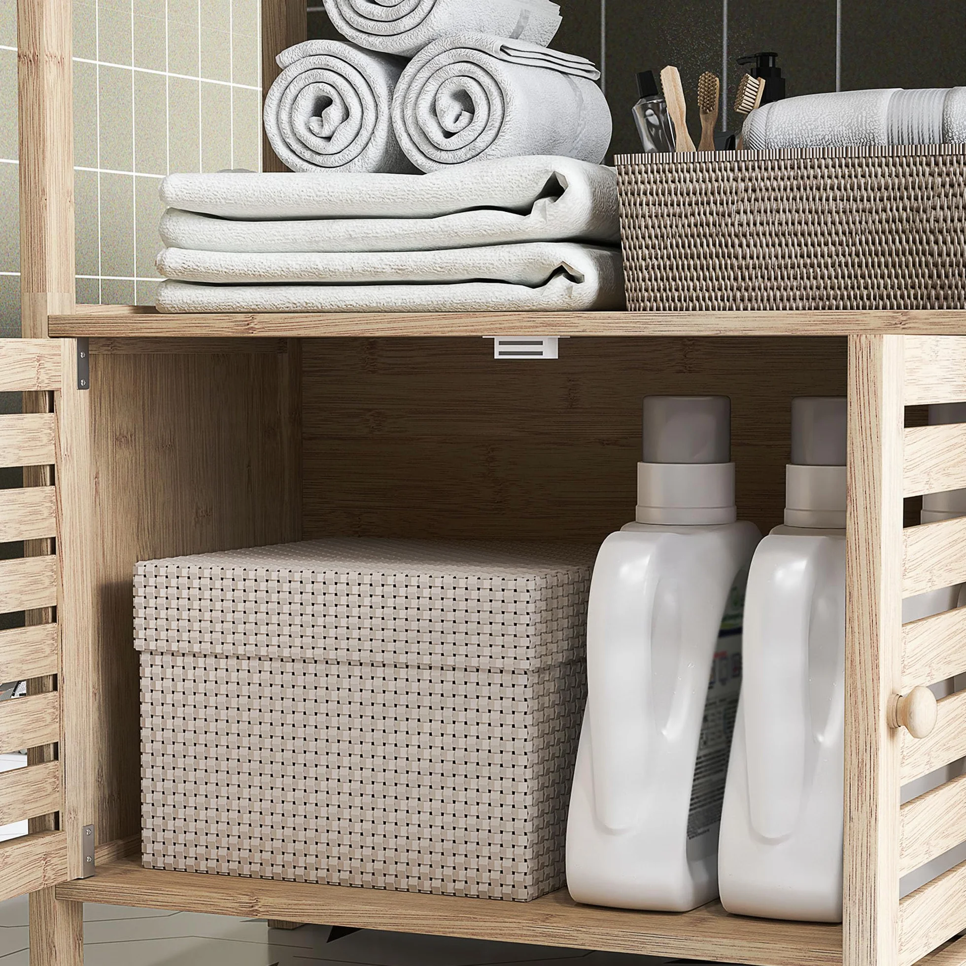 HOMCOM Estantería Baño Bambú 3 Estantes Abiertos Almacenaje Puertas Lamas 63x30x138 cm Natural Blanco
