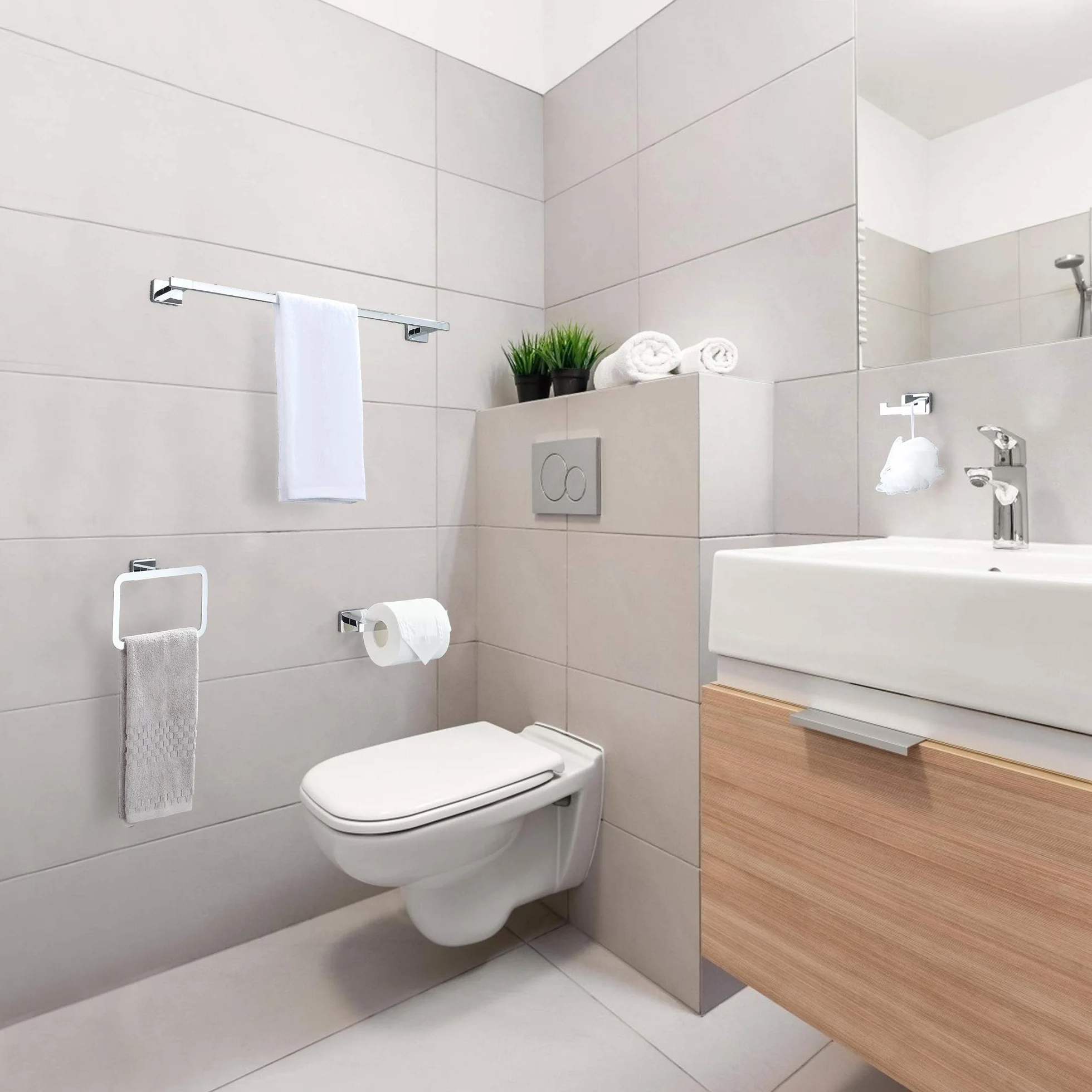 DUFU Juego de Accesorios de Baño 4 en 1 Acero Inoxidable - Toallero Bar 40cm + Soporte para Papel Higiénico + Anillo + Ganchos | Perforación | Plata Brillante
