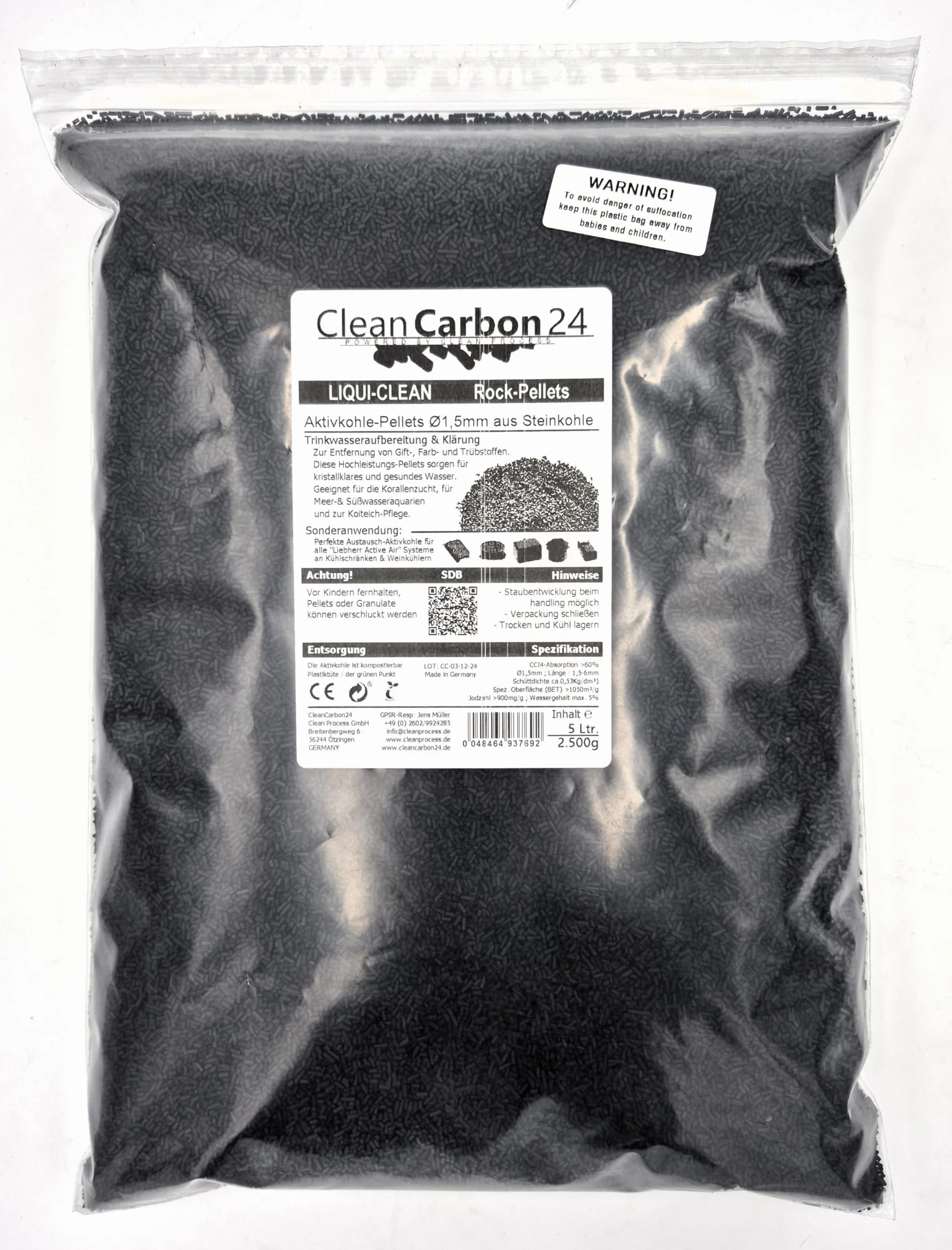 Carbón Activo en pellets Ø1,5 mm, 10 litros, Fabricado con hulla, Clase energética A