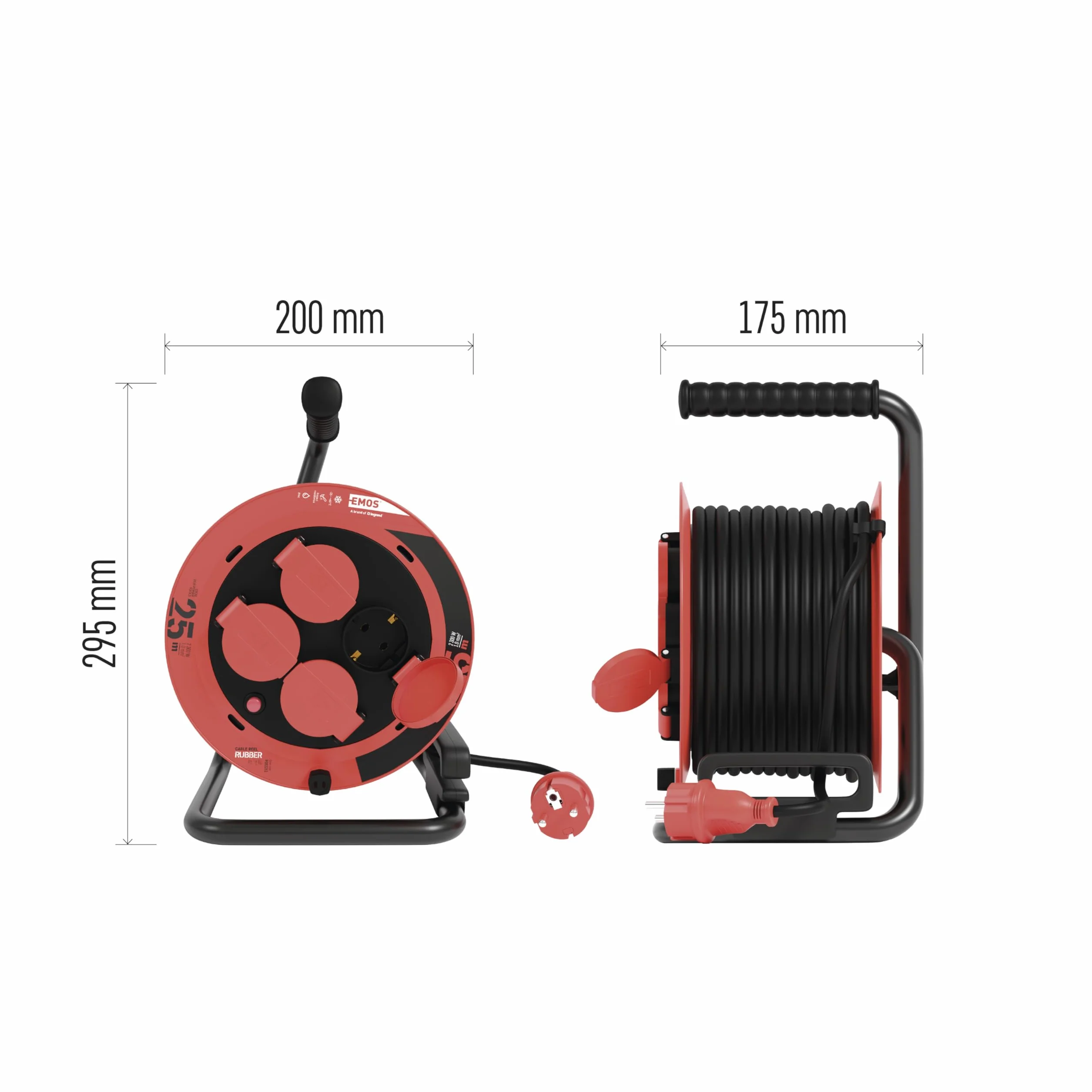 EMOS - Carrete de cable de 25 m - 4 enchufes Schuko con protección de contacto aumentada - Resistente al agua y al frío - Resistente a golpes - 230 V, 10 A, 2300 W - Aislamiento de goma - H05RR-F3G