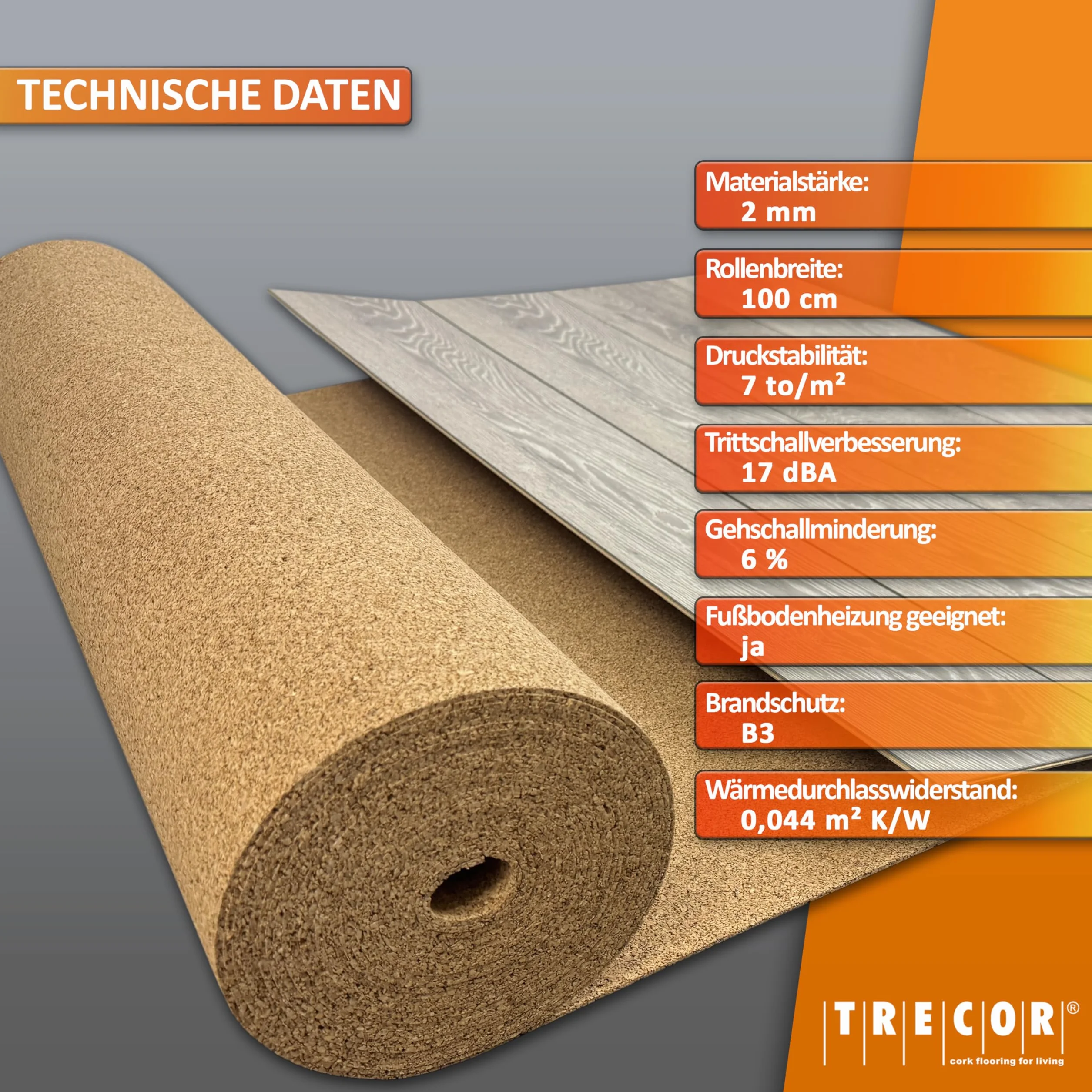 Base de corcho TRECOR aislante del ruido de impacto - 2 mm de espesor - Para suelos laminados y de parquet - Compra (20 m²)
