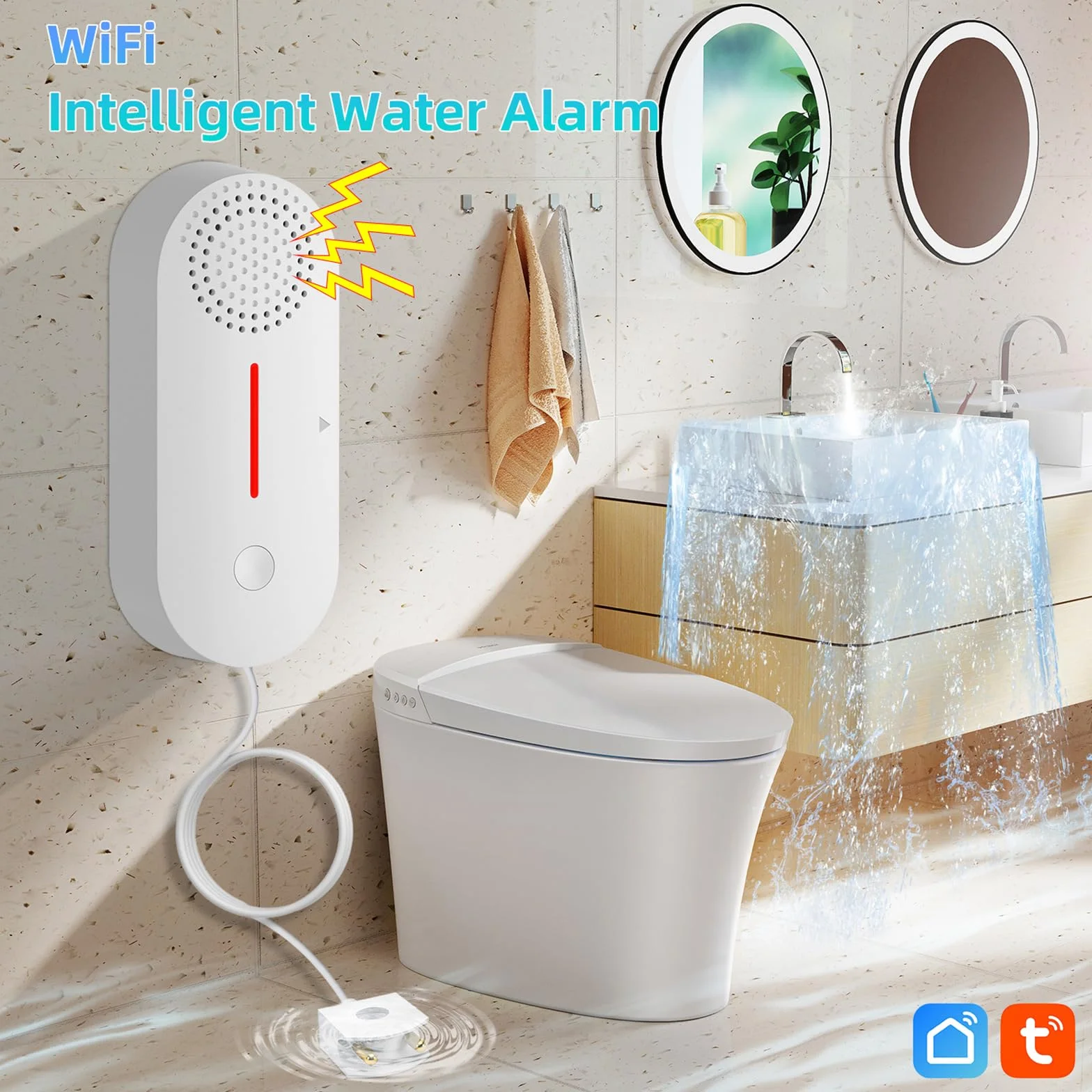 Cuteefun Detector de Fugas de Agua WiFi, Alarma Agua 100dB, Sensor Inalámbrico Tuya/Smart Life para Baño Cocina