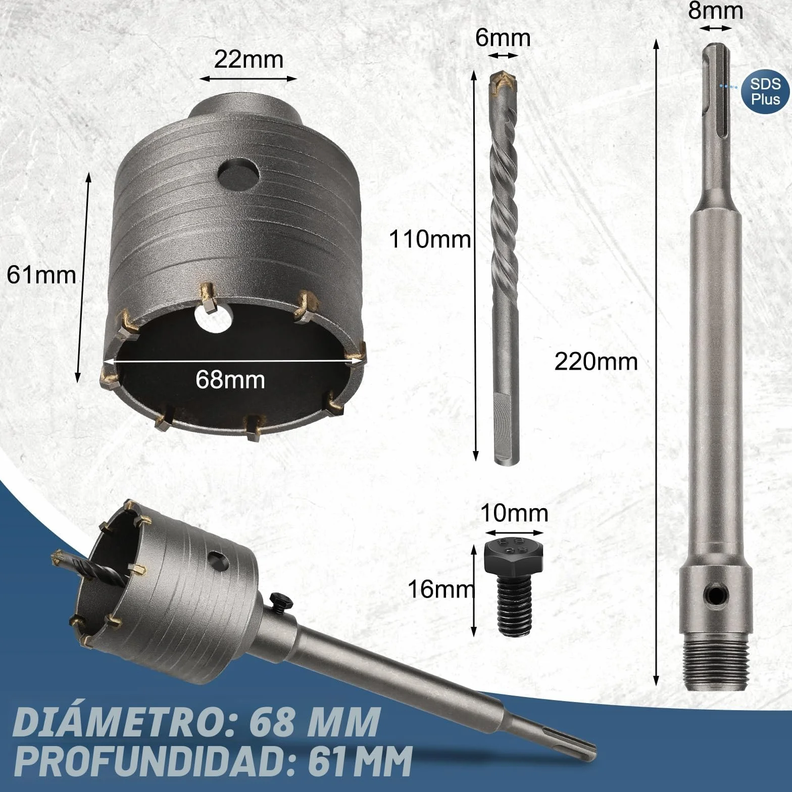 68mm Brocas Sierra Perforadora Hormigón, Lytool Brocas SDS Plus Hormigon con Barra de Conexión de 220 mm, para Cemento, Ladrillo, Piedra, Pared