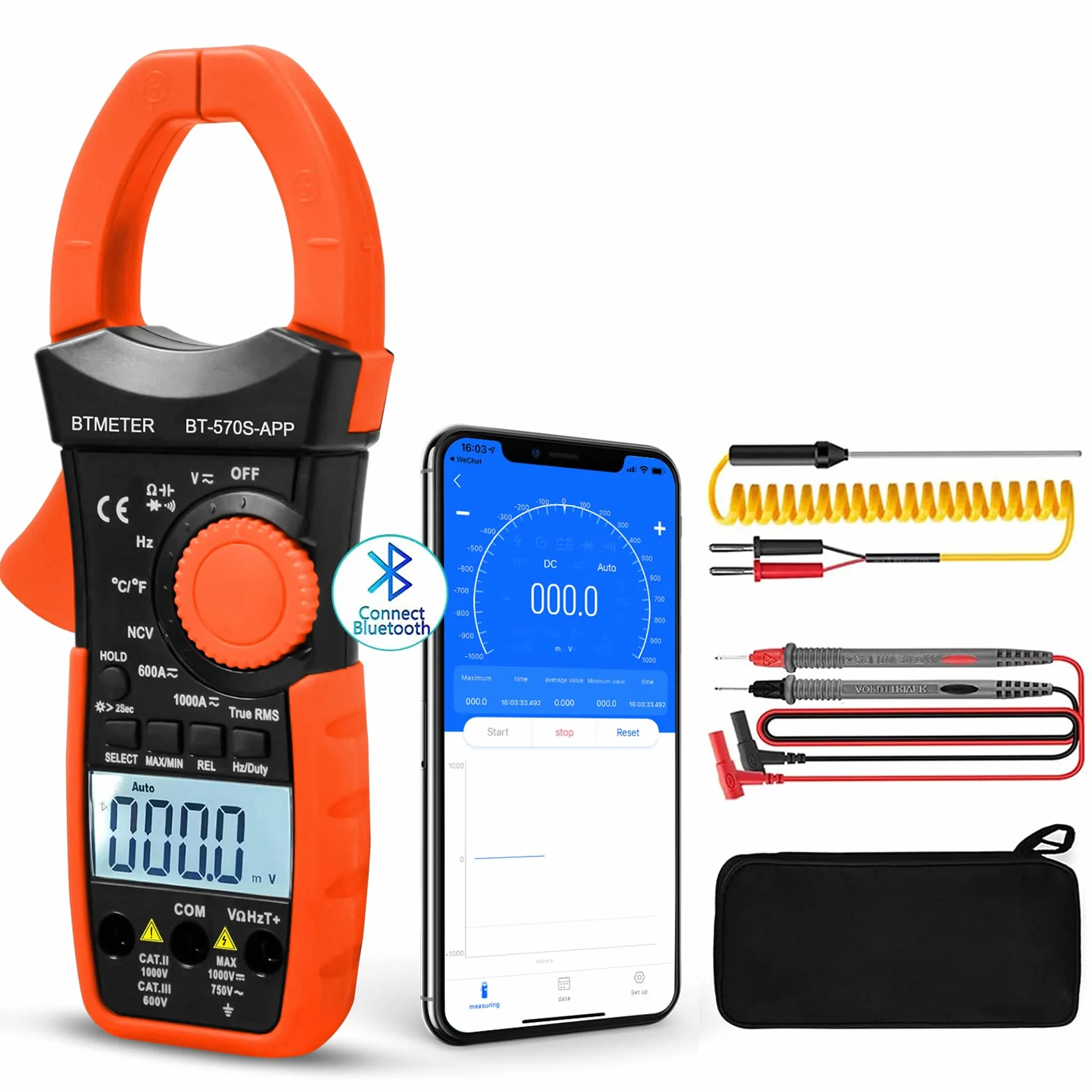 BTMETER BT-570CAPP 1000A DC AC amperímetro Bluetooth digital de abrazadera en multímetro para medición de voltaje de corriente amperios de ohmios