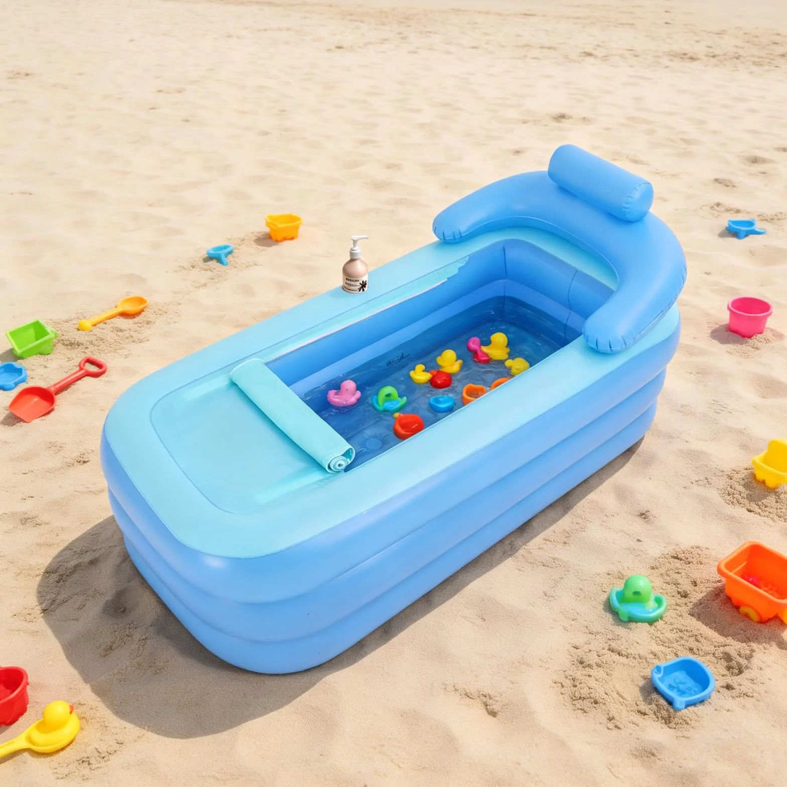 Bañera hinchable con cojín inflable, bañera de aire con soporte para bebidas, bañera plegable con función portátil plegable para adultos, adolescentes, azul