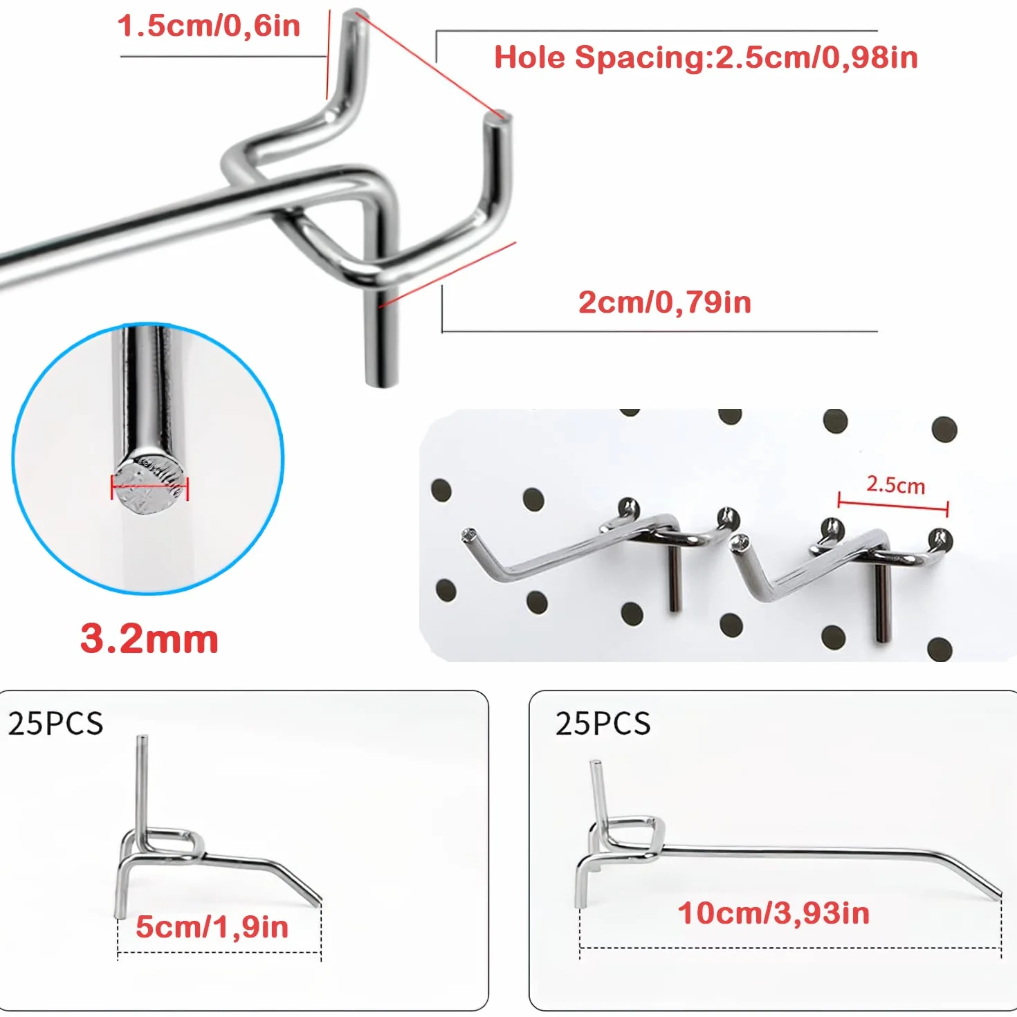 Accesorios para Tablero Perforado, Ganchos, 50 Piezas (5cm+10cm) para Exposición y Herramientas