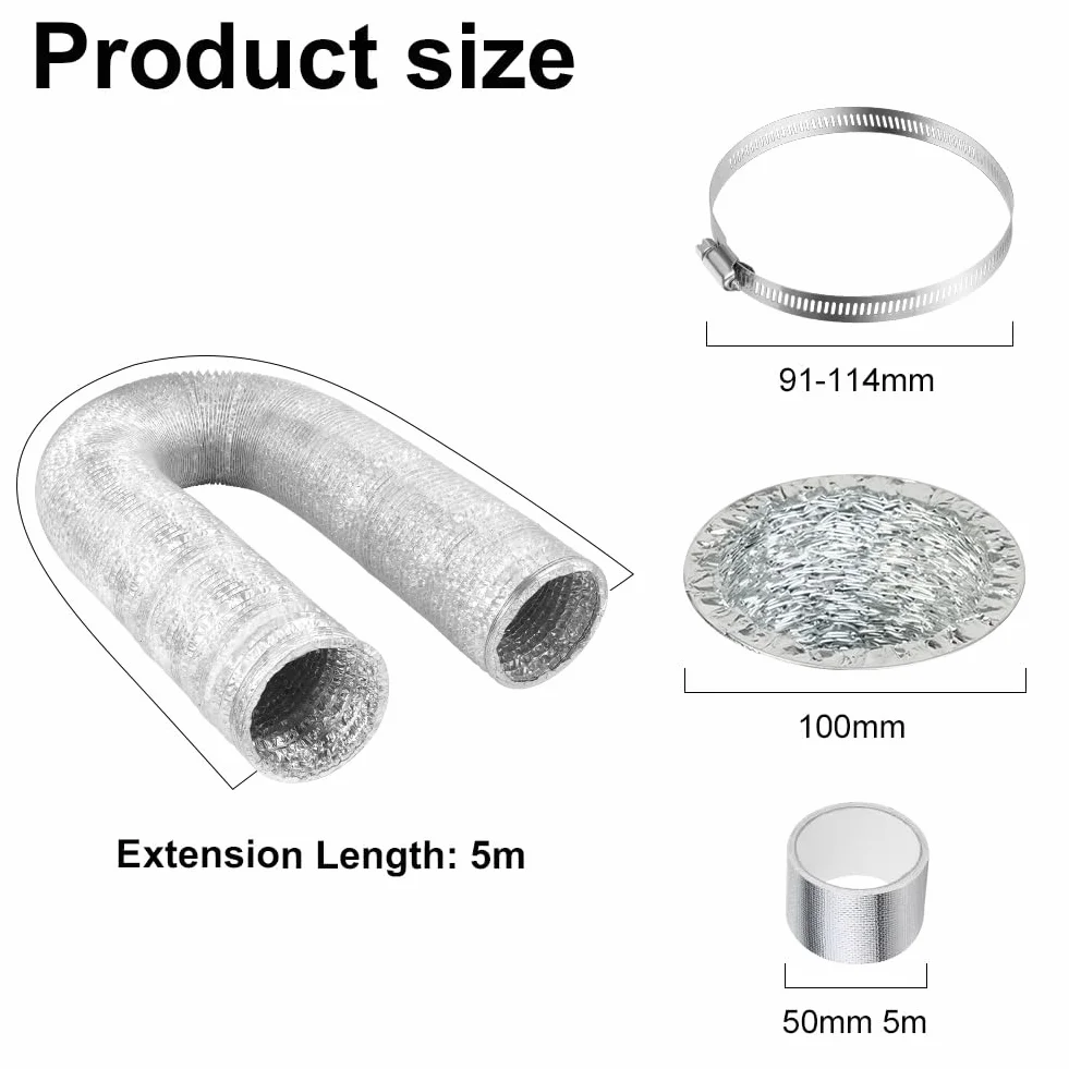 Manguera de ventilación de PVC de 100 mm,5 metros,tubo de aluminio con 2 Abrazaderas Acero Flexible di Aluminio PVC,para Kitchen,Baño,Climatización,de Ventilación Sistemas,plata