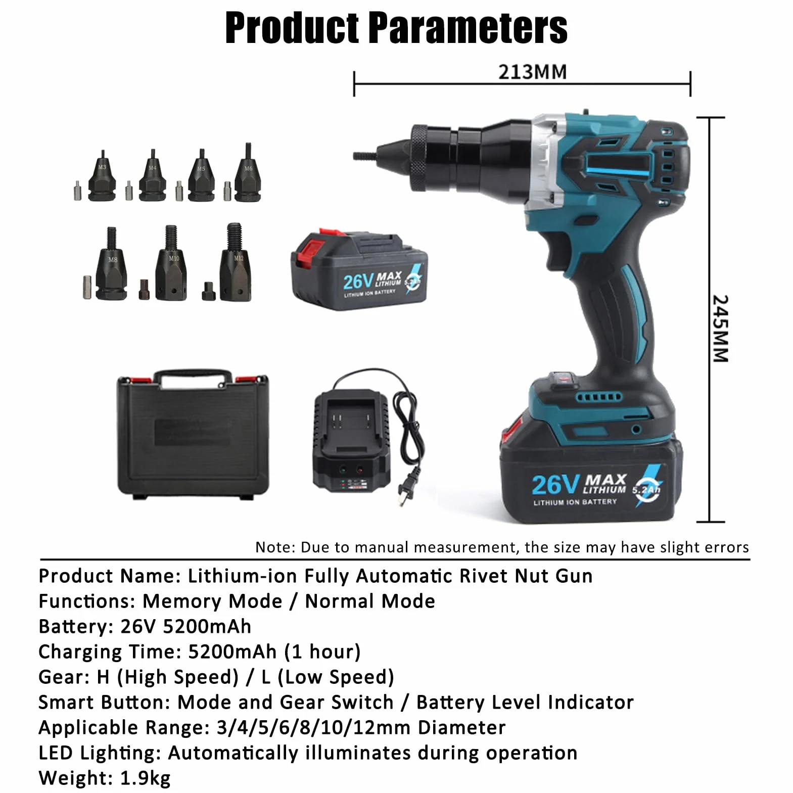 Remachadora de Tuercas a Batería y Eléctrica Portátil - Juego Profesional con Cargador para Tuercas Remachables M3, M4, M5, M6, M8, M10, M12 en Acero (5200mAh, 2 Batería)