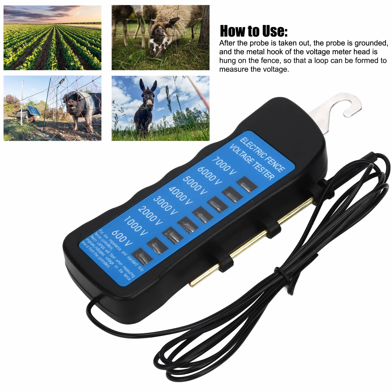 Yosoo Health Gear Probador de Cercas Eléctricas Portátil, Medidor de Voltaje 600-7000V, Detector de Fallas para Ganado y Agricultura