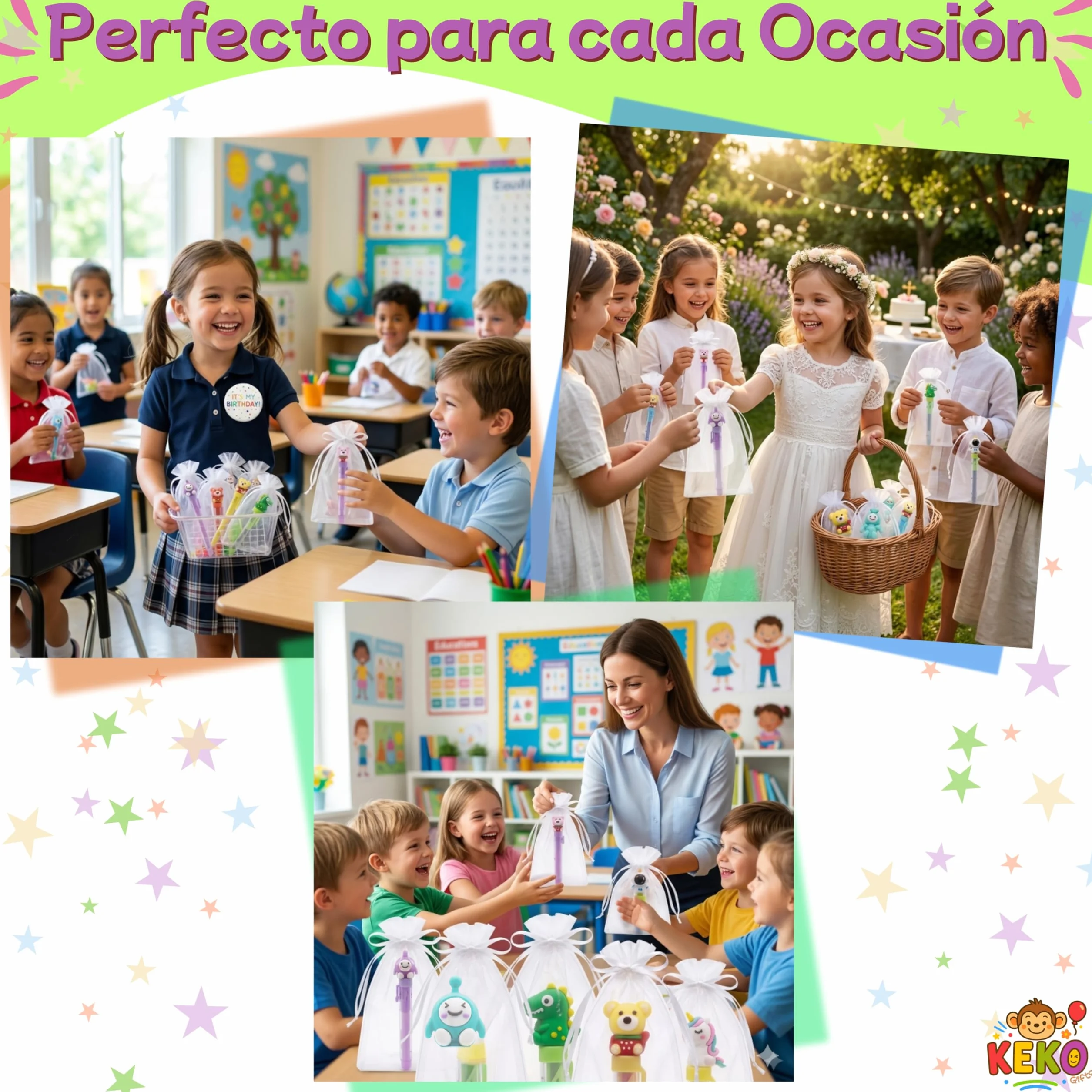 KeKo Pack 30 Gomas de Borrar Divertidas, Bolsas, Chapa Cumpleañera, Regalos Cumpleaños Niños Colegio