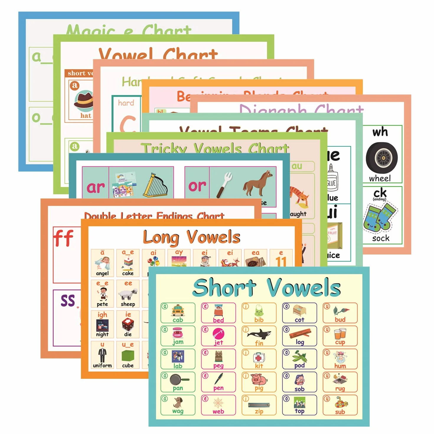 YIYEE 11Pcs Kindergarten English Phonics Posters for Classroom Vowels Consonants 8.47'' x 11.8''