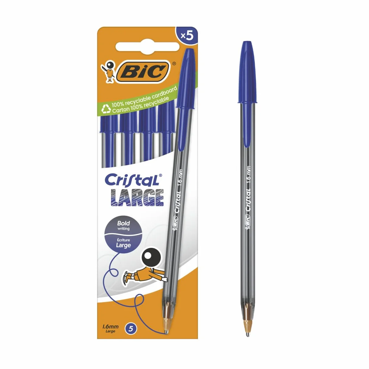 BIC Cristal Large Bolígrafos Punta Ancha 1,6 mm Tinta Azul Pack 5