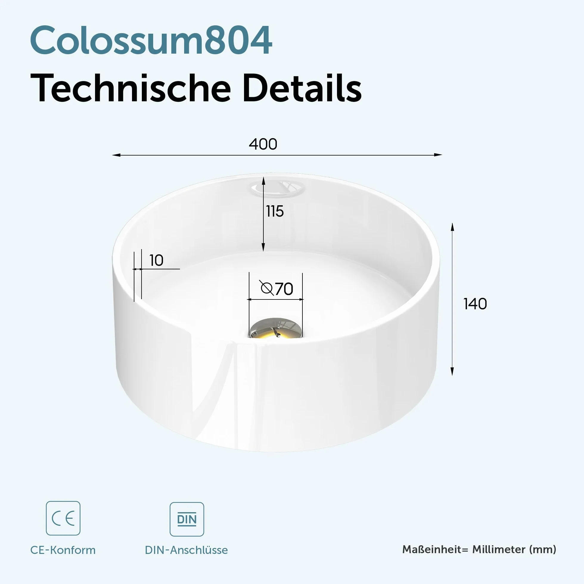 doporro Lavabo sobre encimera redondo Colossum804 blanco brillante 40x40x15cm lavabo de fundición mineral sin orificio para grifería