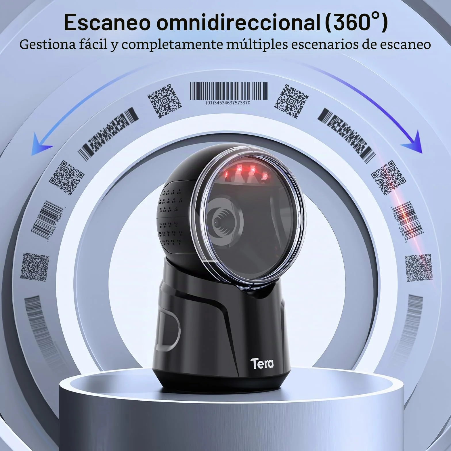 Tera Escáner de código de Barras 1D 2D QR USB Manos Libres Model 9000