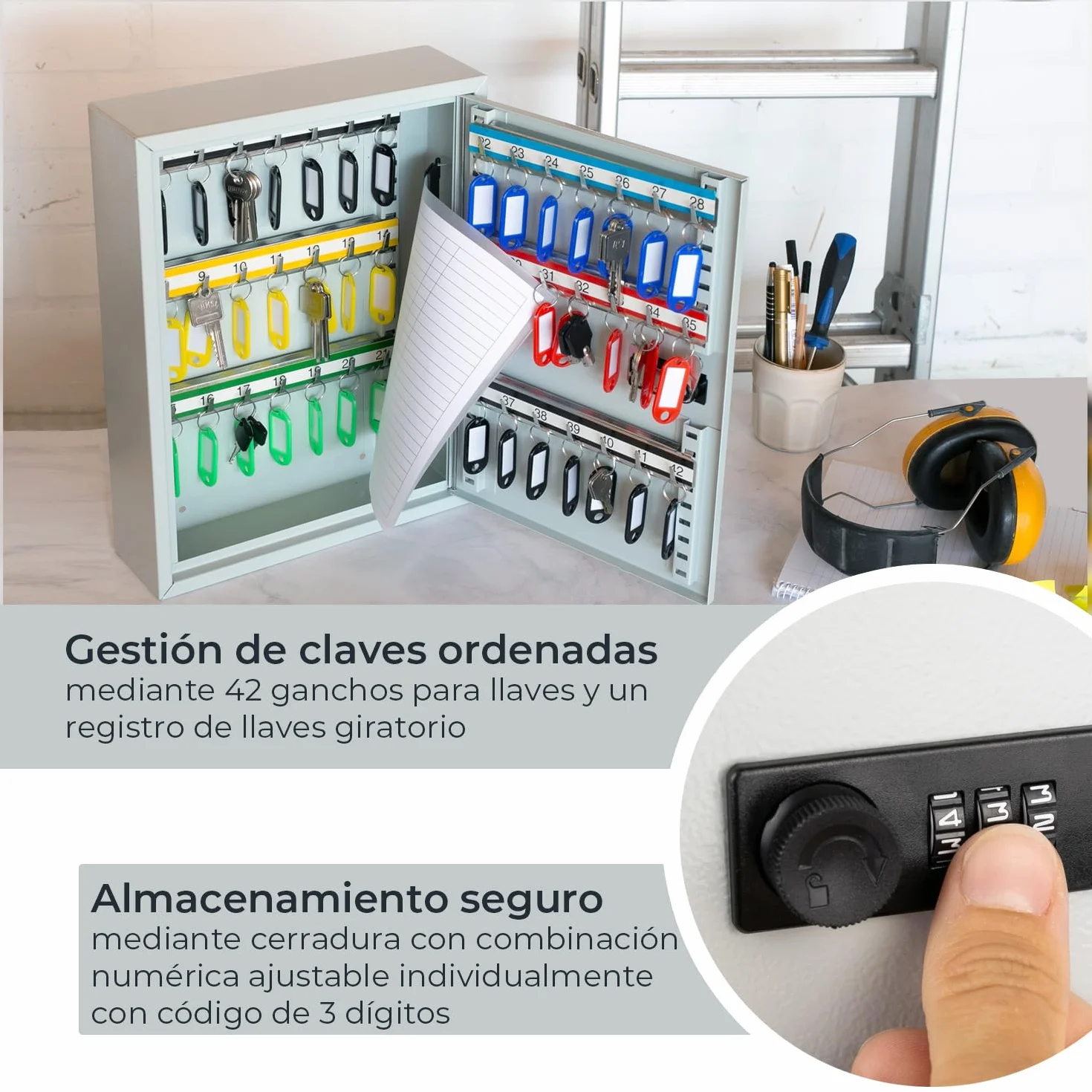 HMF 13642-07 Armario para llaves con código numérico, caja para llaves grande, 42 ganchos, 35 x 27 x 8 cm, gris claro