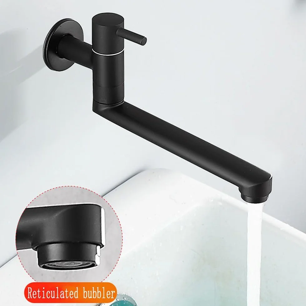 HomeLava Grifo de cocina para montaje en pared, solo agua fría, grifo de pared con caño giratorio 360, largo 18 cm, acero inoxidable negro