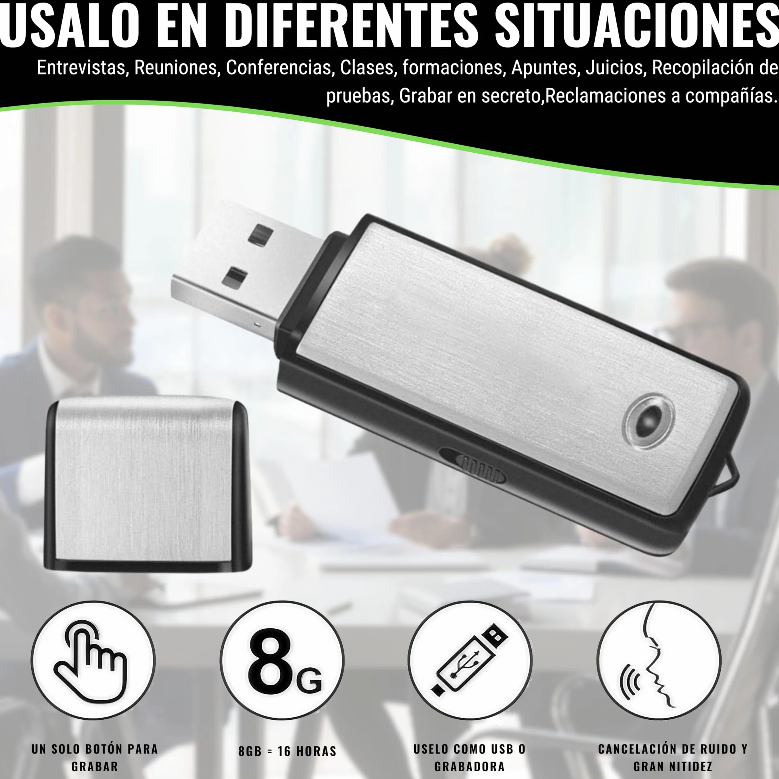 Grabadora de Voz Digital USB 8 GB Mini Espía para Reuniones Entrevistas Conferencias