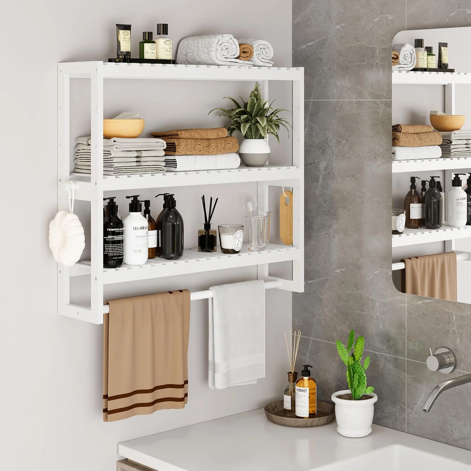 RRX Organizador de almacenamiento de estante de baño, 15 cm de profundidad x 60 cm de ancho x 53,8 cm de alto, organizador de cocina flotante de bambú de 3 niveles ajustable con barra, unidades de