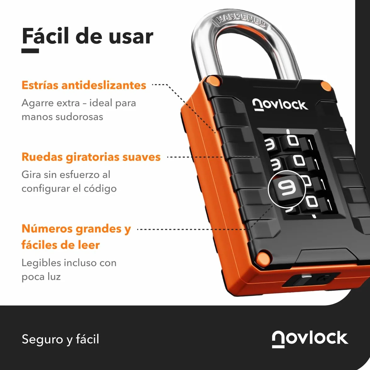 Candado de combinación para taquillas de gimnasio, escuela o trabajo, armarios, puertas, vallas y almacenes – Seguridad de 4 dígitos – Pack de 1, Negro/Naranja