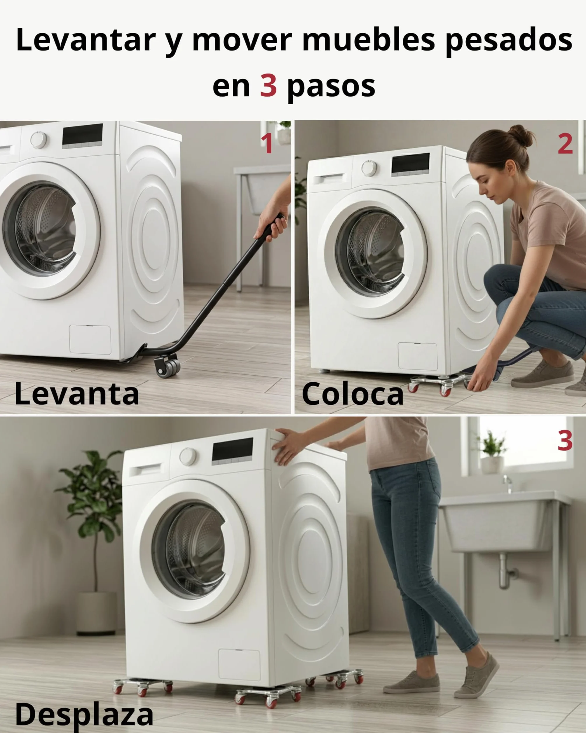 Kit para Mover Muebles Pesados | 4 Plataformas Acero Reforzado con 5 Ruedas 360° y 2 Frenos | Palanca Elevadora Extensible | hasta 800 kg | Protege Parquet y Suelo