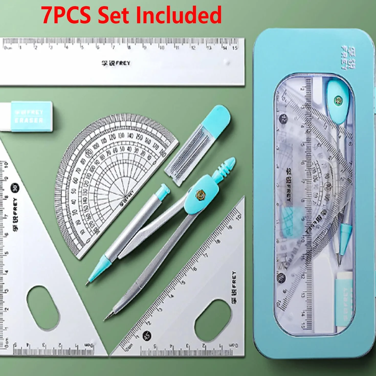 Compas Escolar Set de Geometria 7 Piezas Kit de Aprendizaje Completo con Regla Transportador