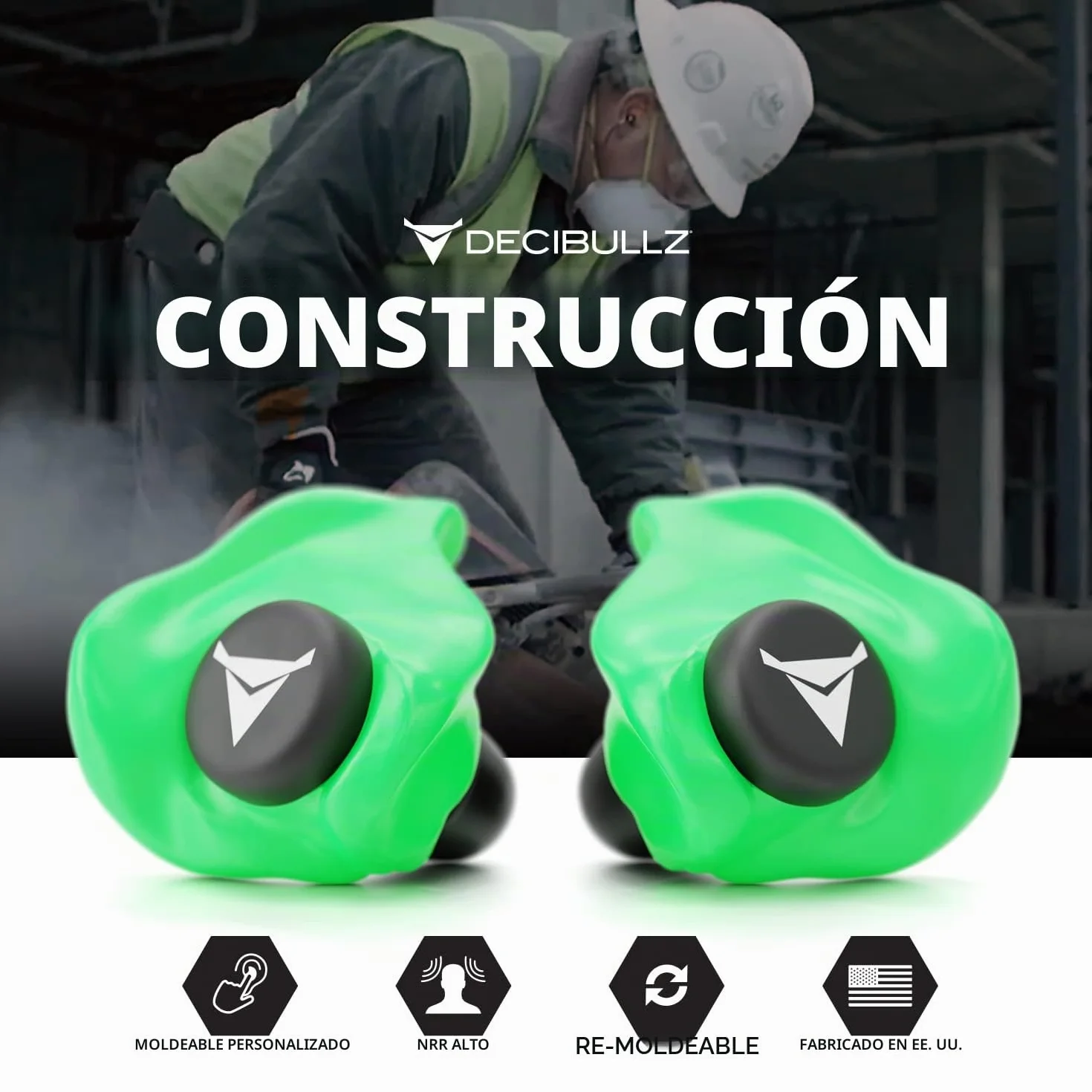 Decibullz Tapones para los oídos moldeados a medida 31 dB protección auditiva para disparos conciertos (verde)