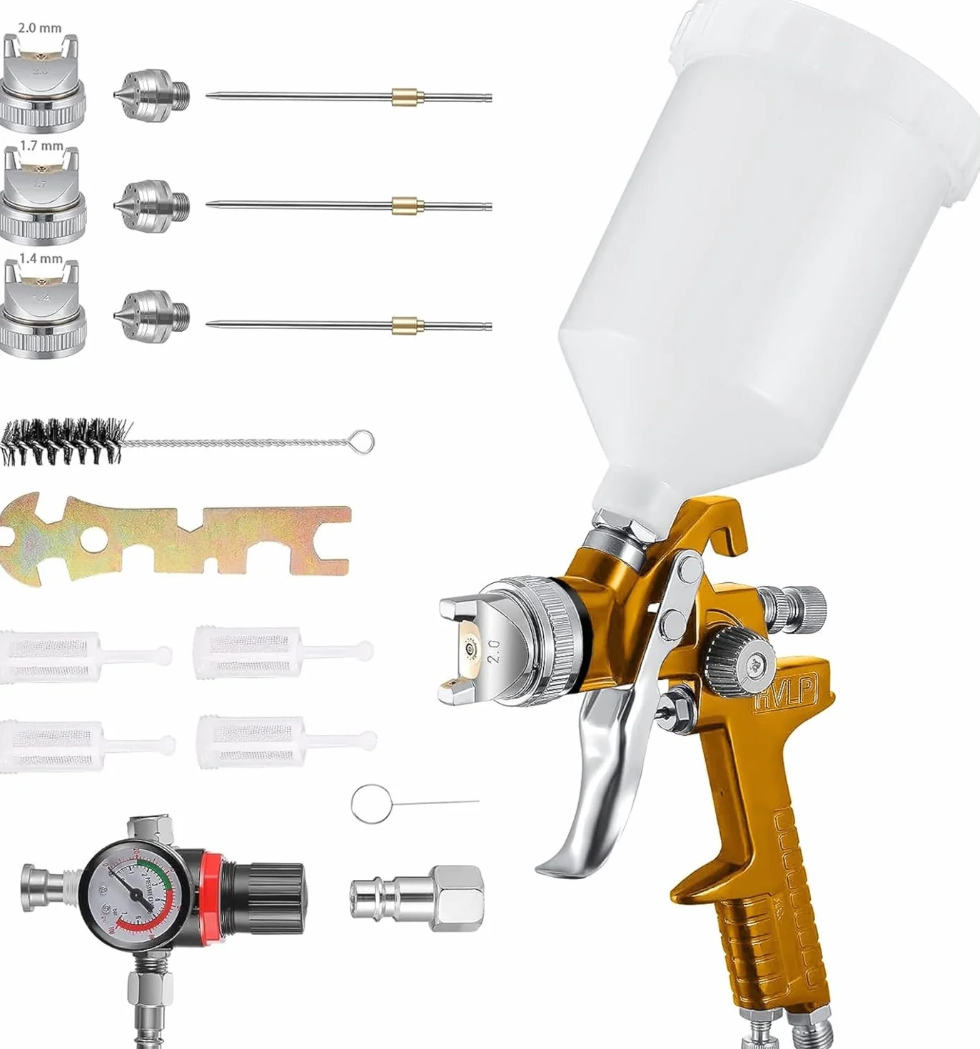 Pistola de Pintura Dorada HVLP con Boquilla de 1,4 mm, 1,7 mm, 2,0 mm, 600 CC. Copa de vehículos. Herramientas de Pintura para Vallas
