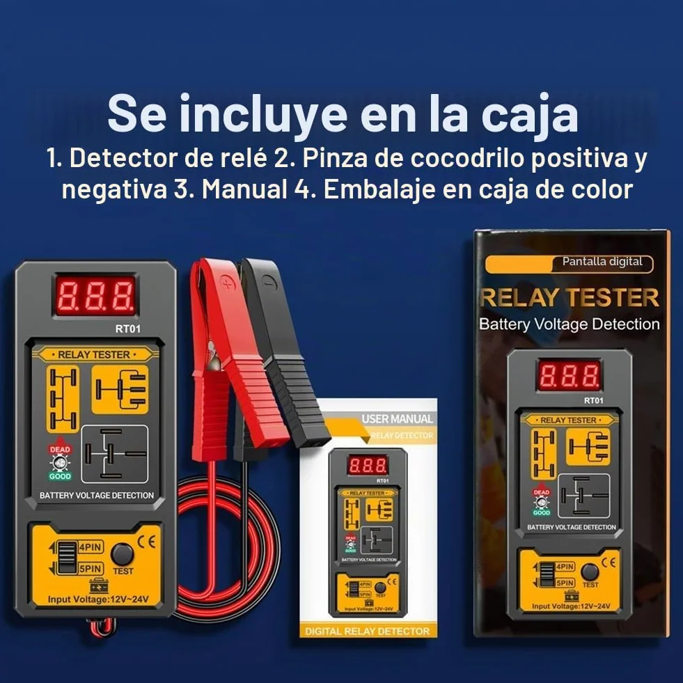 Comprobador de relé de coche de 12 V/24 V. Pantalla LCD con retroiluminación digital, prueba relés de 4/5 pines, compatible con baterías de plomo-ácido/AGM/litio adecuadas para coches, camiones