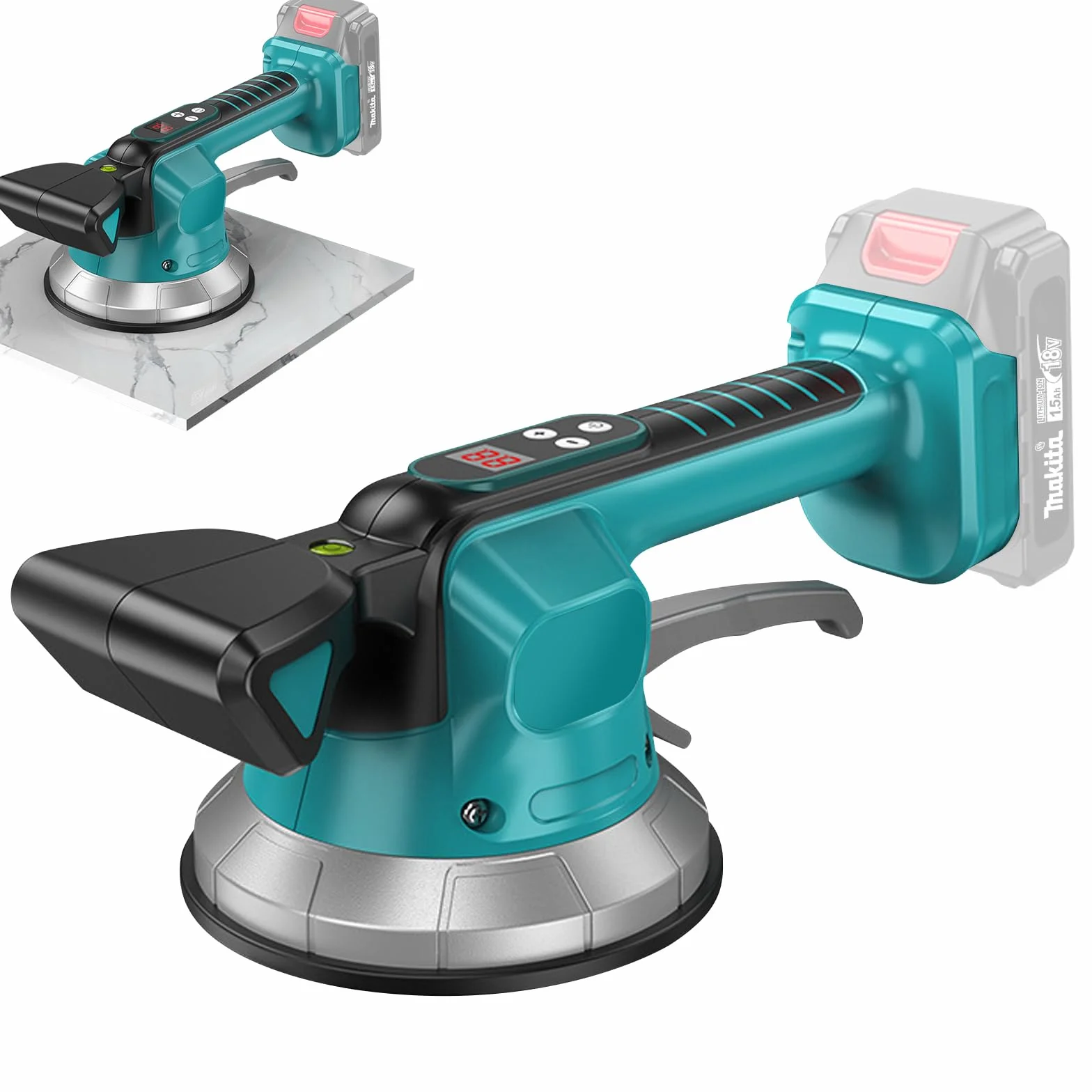 Vibrador baldosas sin cable, Máquina Pared Azulejos compatible con Makita 18V batería, Niveladores Azulejo con 10 velocidades, ventosa de 14,5cm y 200kg de adsorción para colocar baldosas de 30-240cm