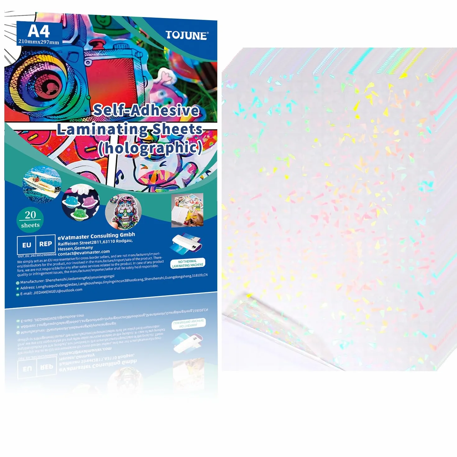 Papel Adhesivo Holográfico A4 50mic Película Transparente Impermeable Laminado en Frío 20 Piezas Vidrio Roto