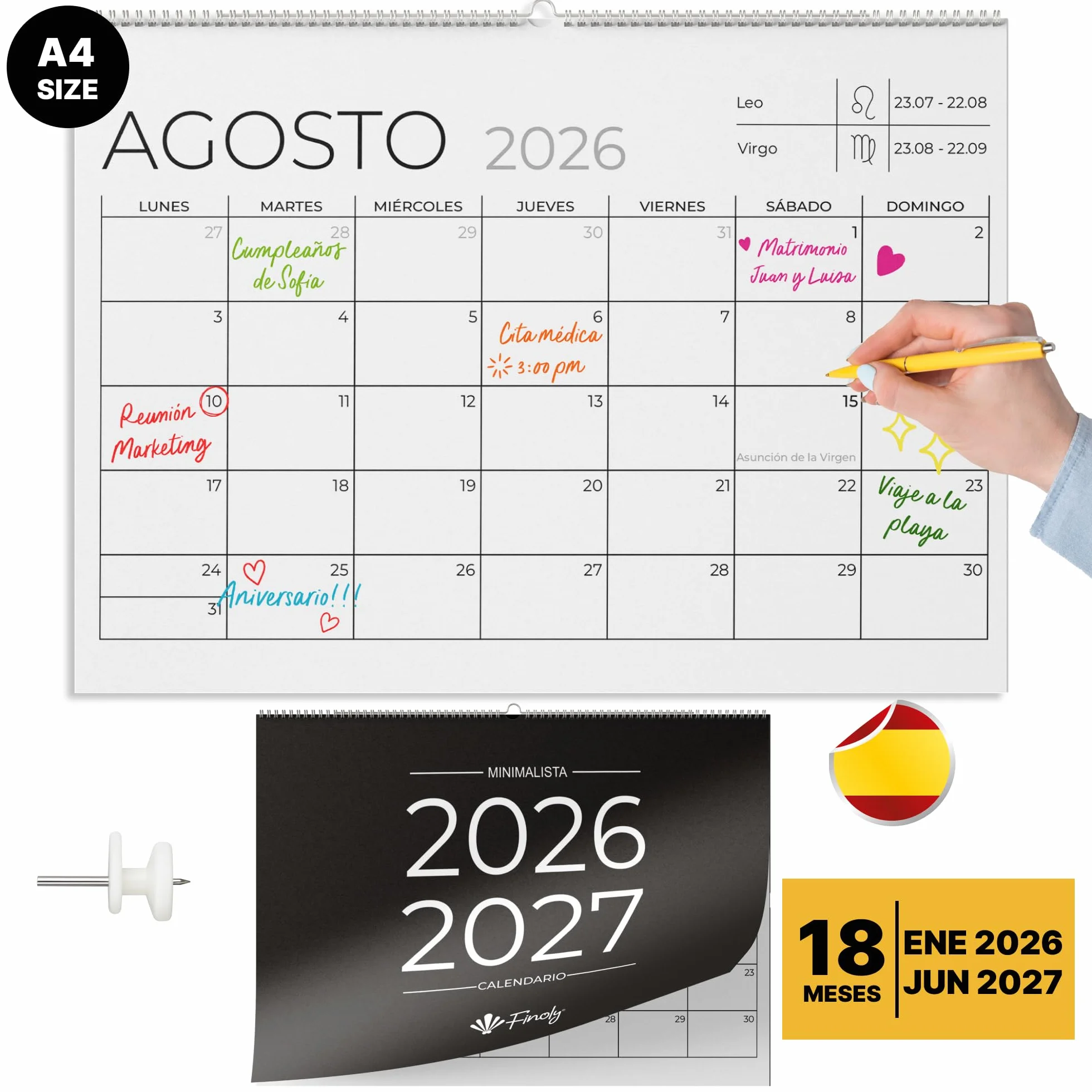 Finoly Calendario 2026 Pared Julio 2026 Diciembre 2027 18 Meses Mensual Almanaque con Cuelga Fácil