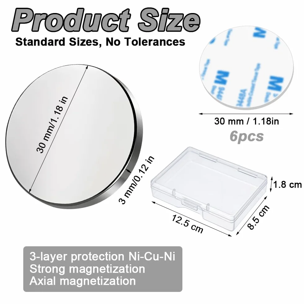 Imanes de Neodimio Fuertes 30 mm x 3 mm, 6 Piezas con Autoadhesivos y Caja de Almacenamiento