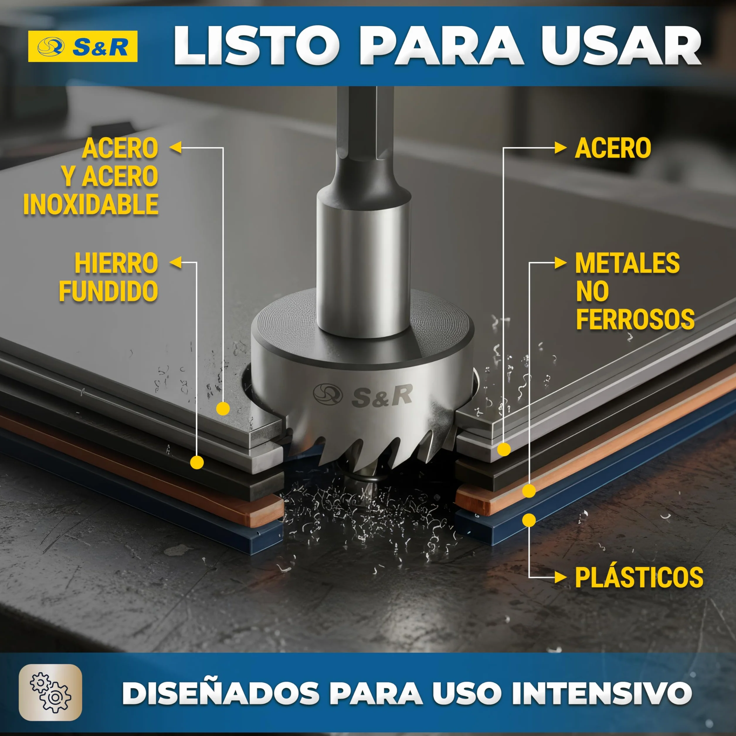 S&R Brocas Sierra Coronas Perforadora Metal. - Juego de 5 Fresas a Taza: 16 + 18,5 + 20 + 25 + 30 mm HSS Cobalto 5% - HRC 64-66