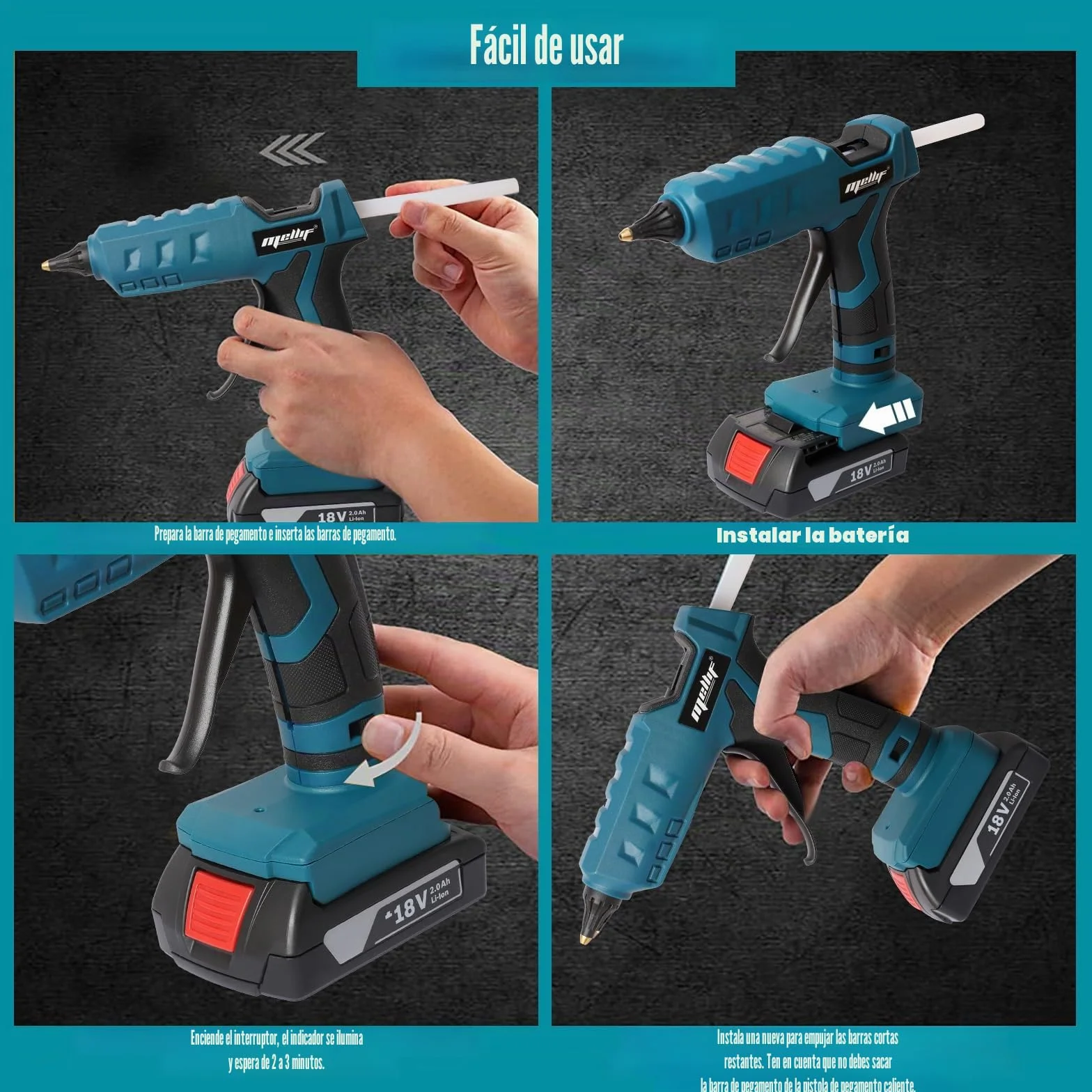 Pistola de pegamento inalámbrica para batería Bosch 18V GBA/GBA ProCORE Mellif, pistola de pegamento de precalentamiento rápido, con 20 piezas de barras de pegamento de tamaño completo de 11 mm para