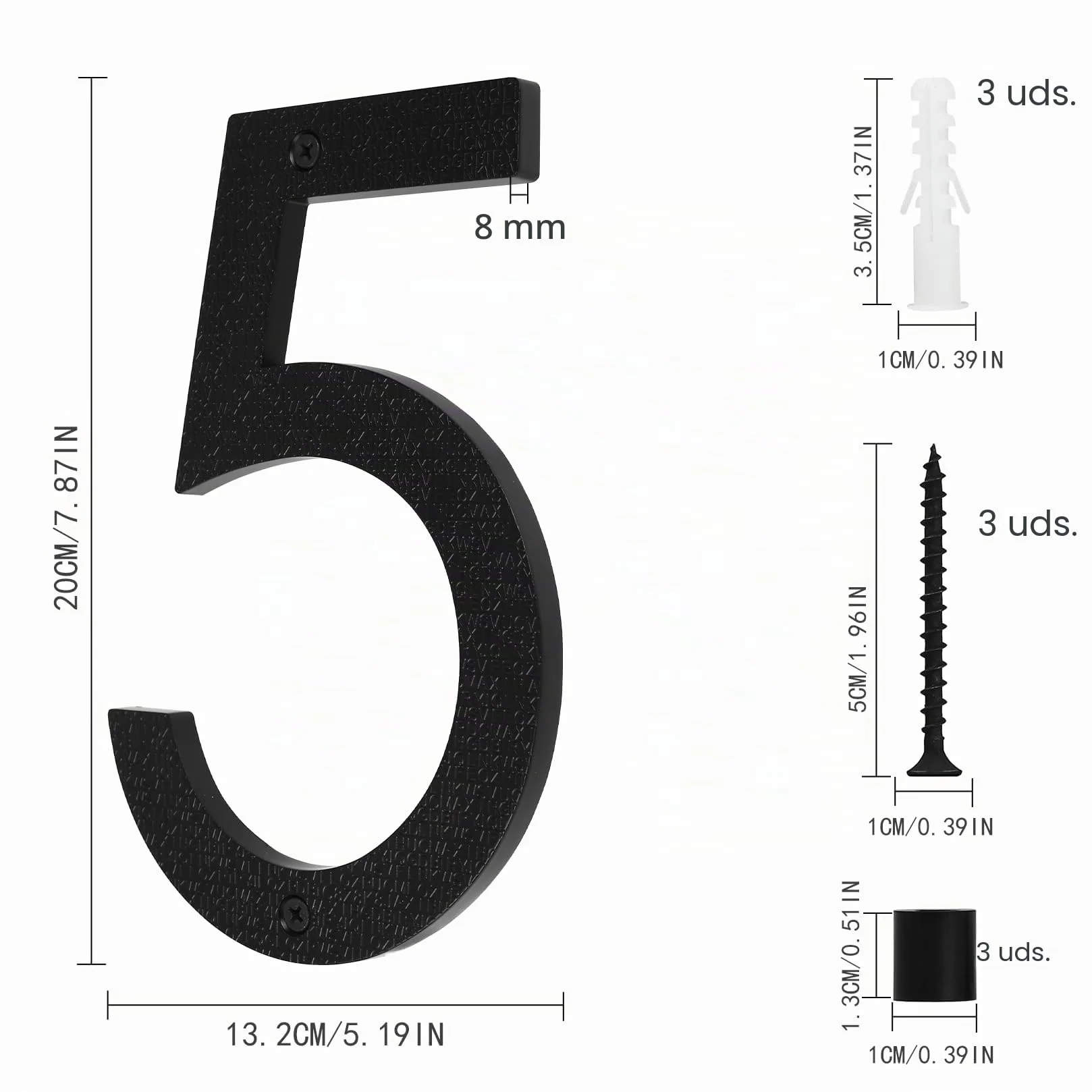 Número Grande para Casa en Negro, 20cm, Placa Flotante de Número de Casa, Número de Calle/Puerta en Plástico ABS Efecto 3D para Oficinas, Buzones, Garajes (Numero 5)