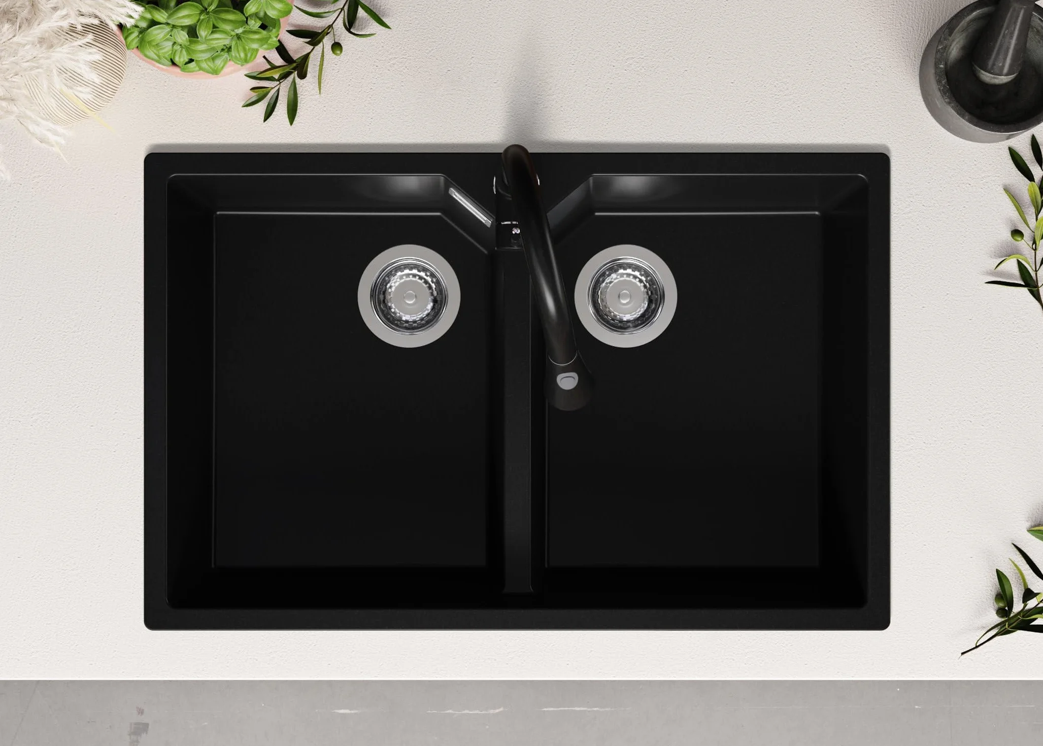 PRIMAGRAN Fregadero Cocina Negro 78x50cm, Granito 2 Senos + Sifón, Sobre Encimera al Mueble 80cm - Madrid Twin S001