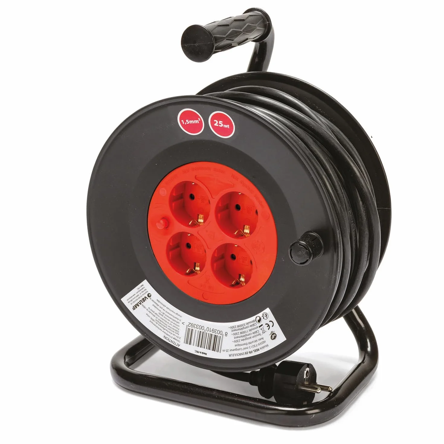 Carrete de cable DIY 4 enchufes estándar Schuko, cable H05VV-F3G1.5MM2, 25M, CE