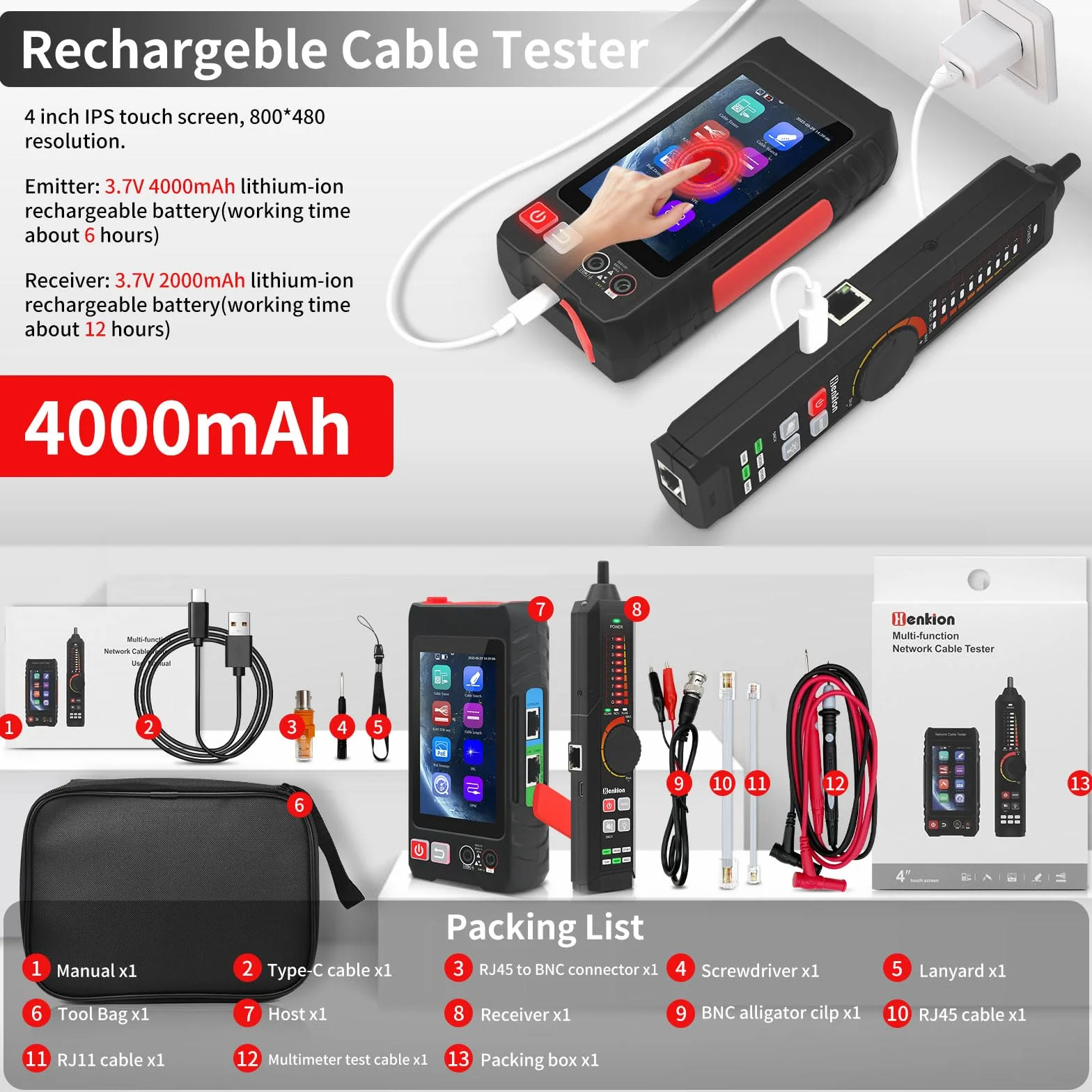 Henkion Comprobador de cables de red RJ45 Probador de cables UTP, Rastreador de cables Ethernet, pantalla táctil IPS de 4 pulgadas, compatible con herramientas de red, multímetro digital, VFL, OPM