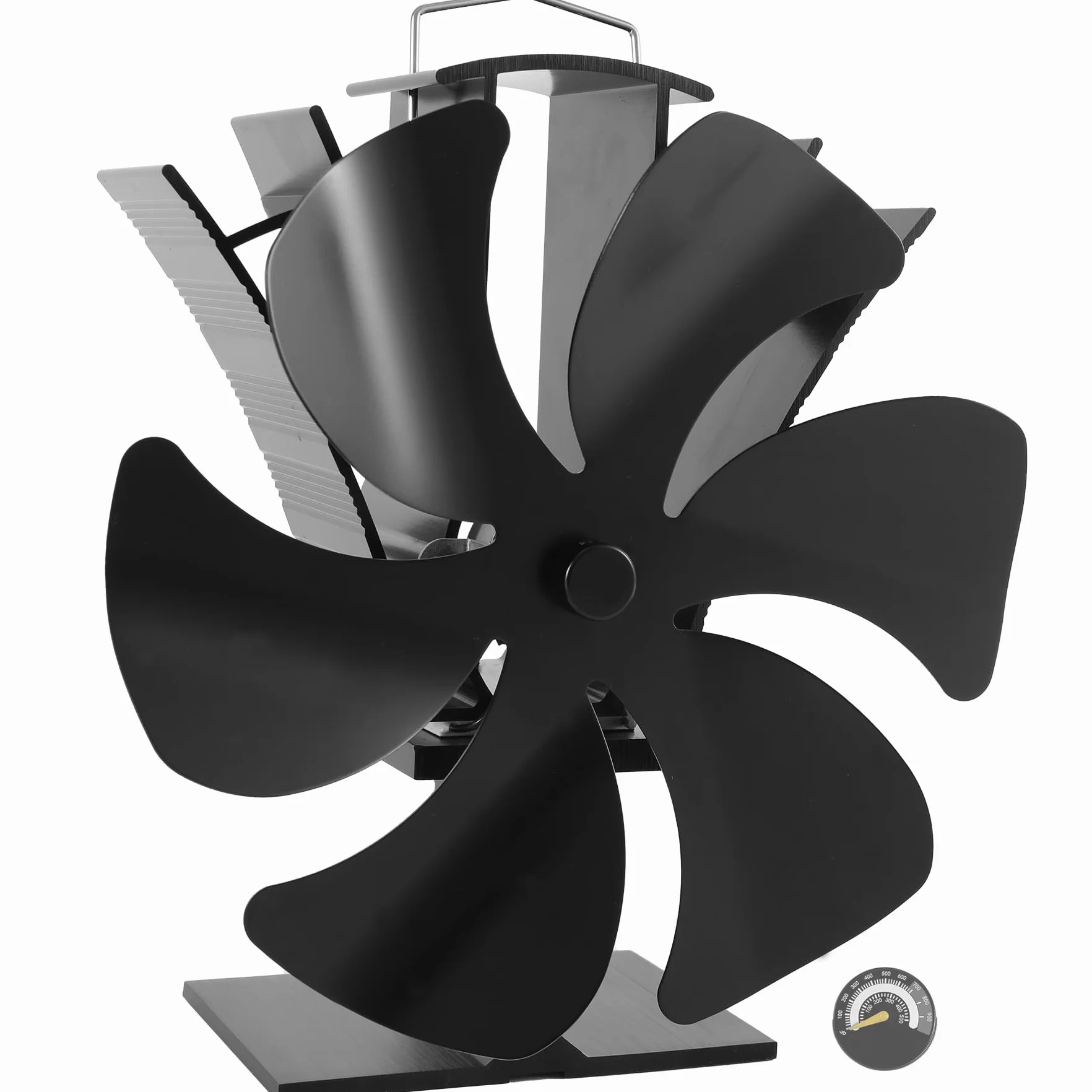 Ventilador de estufa de 6 hojas sin electricidad – Ventilador de chimenea con termómetro, funcionamiento silencioso, compatible con estufas de leña, chimenea y pellets