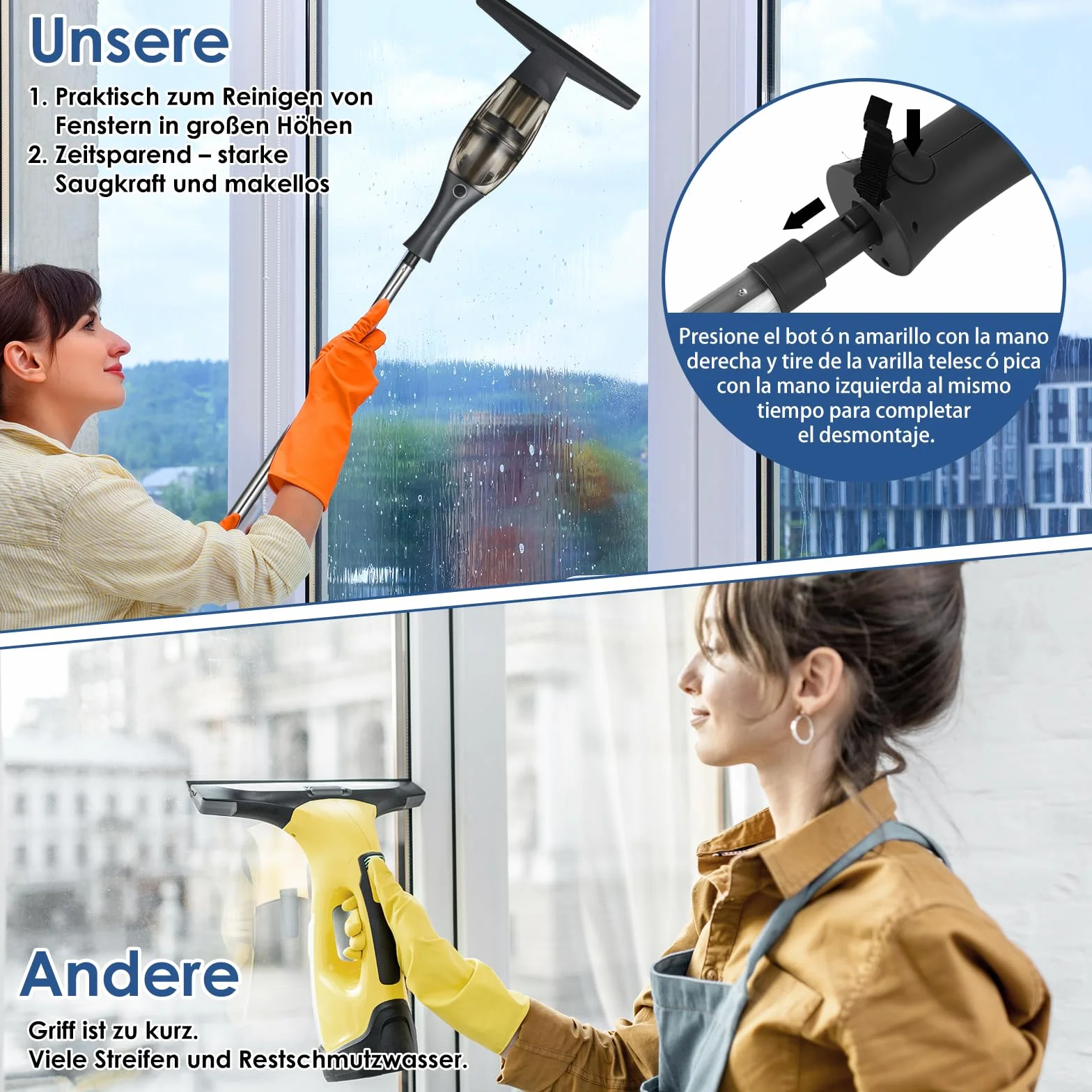 Limpiador Ventanas Eléctrico,Limpiacristales eléctrica,Aspirador Ventana con mango telescópico,boquilla succión 28 cm,botella pulverizadora con funda microfibra para limpieza sin rayas 360° (Negro)