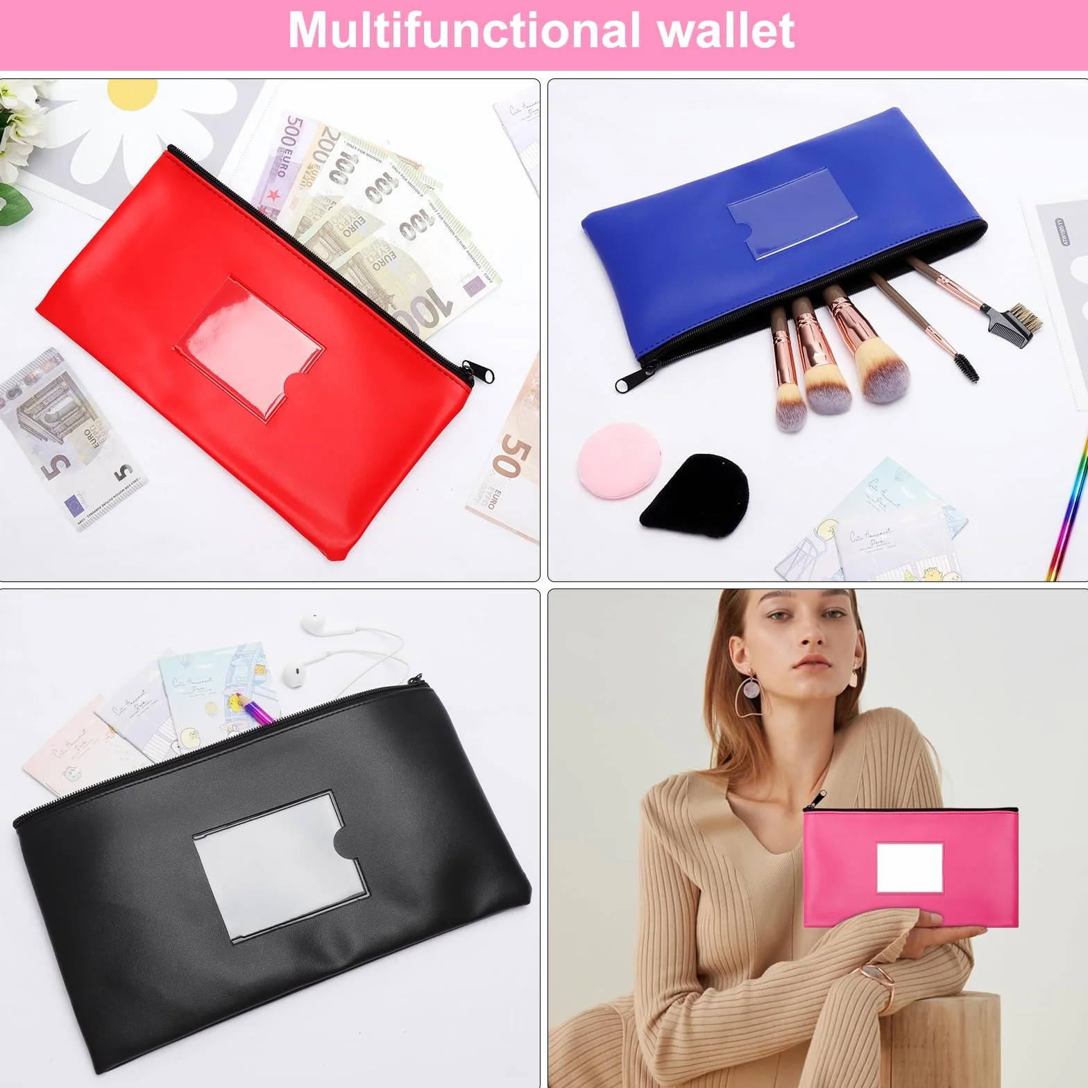 Bolsa para Guardar Dinero con Cremallera 28x16cm PU Cuero Impermeable para Billetes y Pasaportes