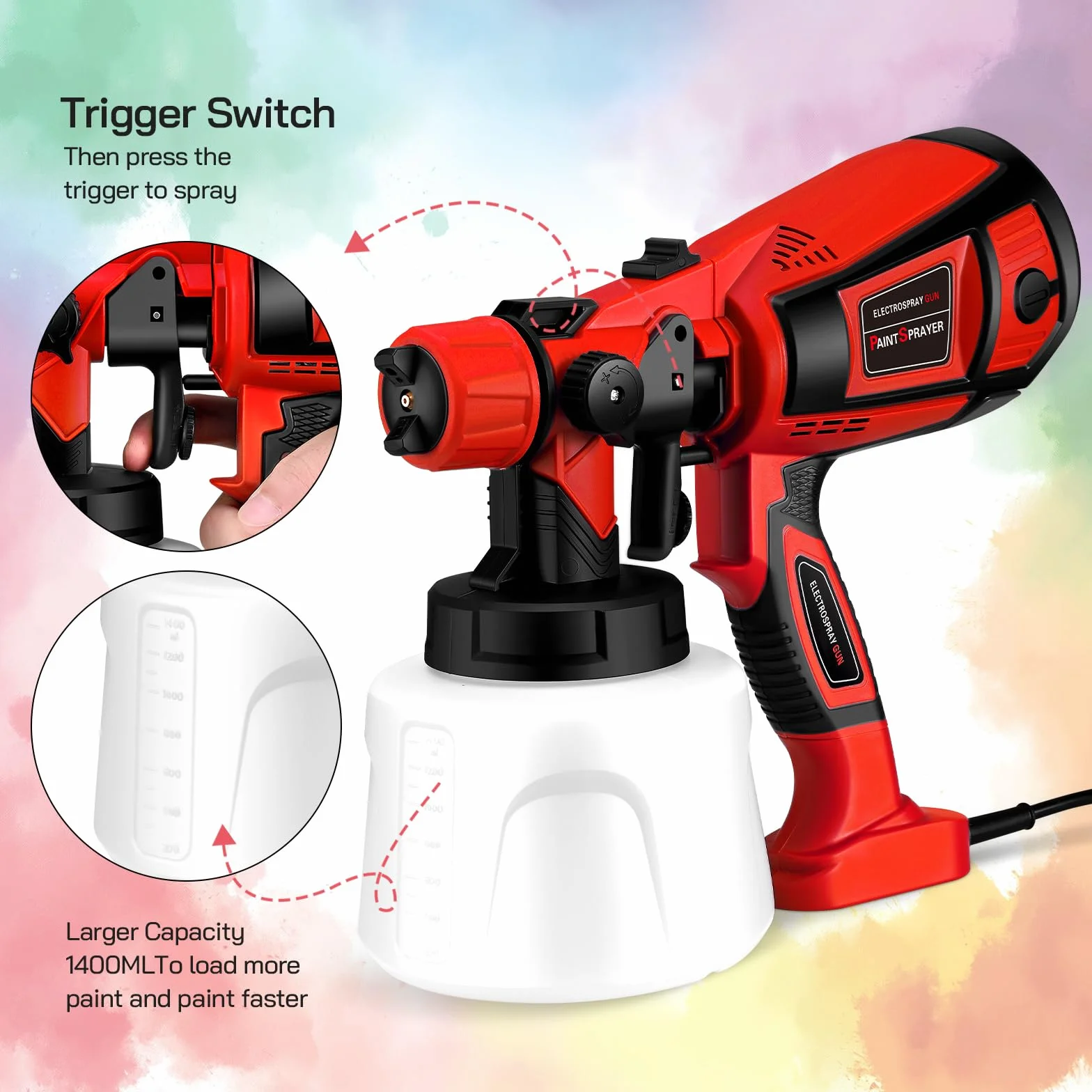Pistola de Pintura,800W HVLP Pulverizador de Pintura Eléctrico con Recipiente de 1400ml, Flujo Máximo de 1000ml/min,4 Boquillas para la Pulverización y Limpieza del Bricolaje